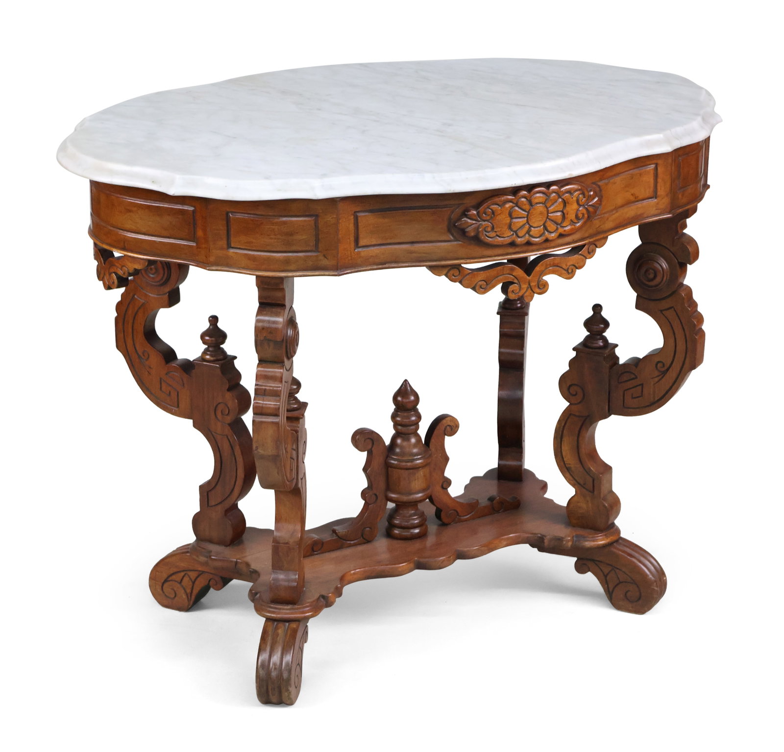 Victorian Carved Mahogany Marble Top Parlor Table: Victorian Carved Mahogany Marble Top Parlor Table American, late 19th C. 30 x 38 x 27 1/4 in. (76.2 x 96.5 x 69.2 cm.)