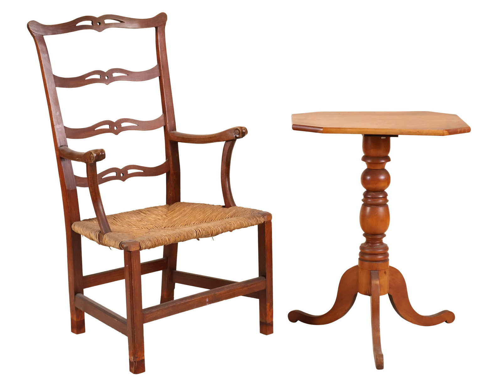 The Brown Family Federal Mahogany Open Armchair: The Brown Family Federal Mahogany Open Armchair Rhode Island, circa 1805. Feet extended. Together with a Federal Cherrywood candlestand, New England, c.1800. Provenance: The Chair, John Brown