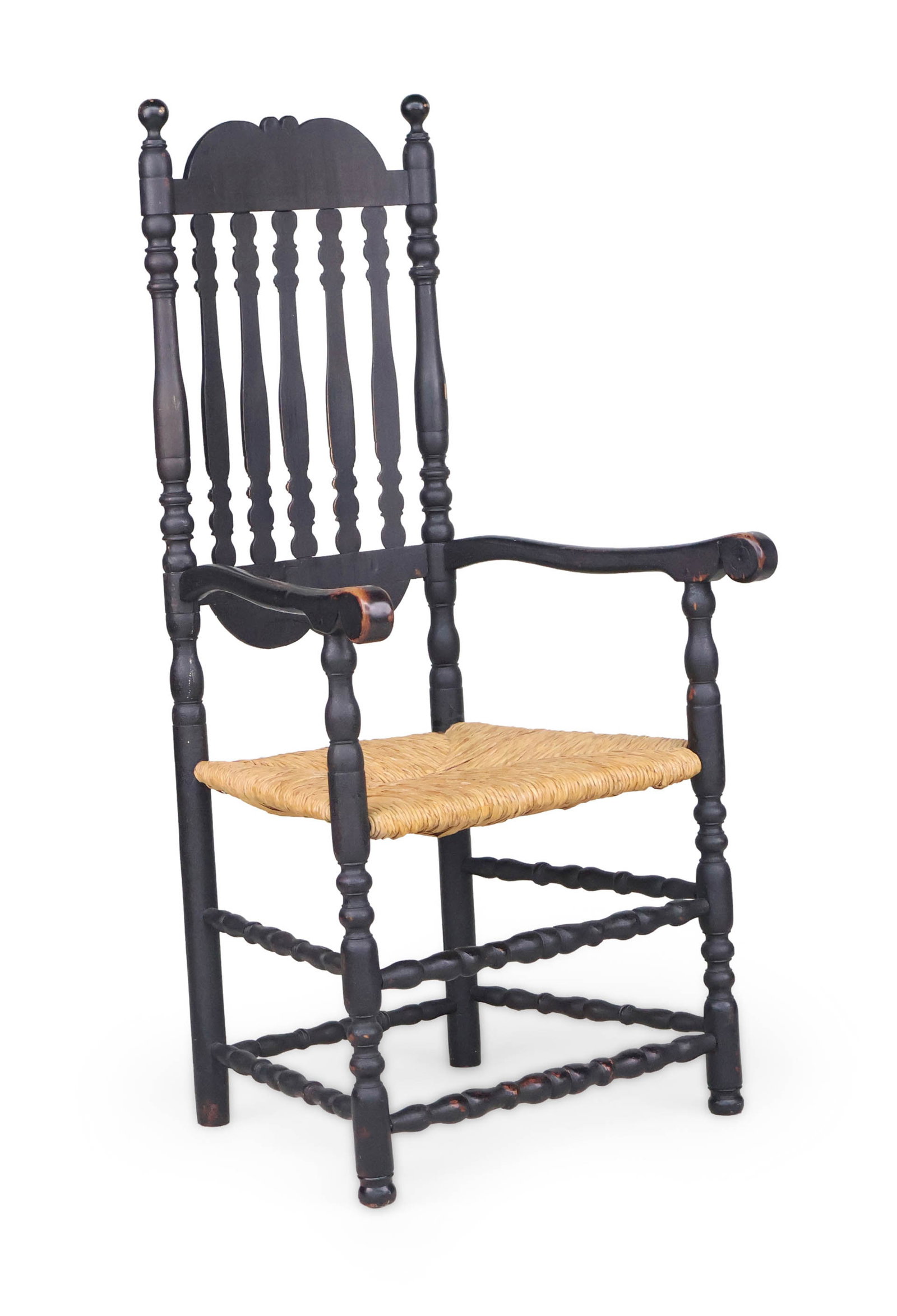 Black Painted Bannister Back Armchair: Black Painted Bannister Back Armchair New England, 18th/19th C. with rope seat. Surface distress, wear. 49 1/4 x 25 x 21 1/2 in. (125.1 x 63.5 x 54.6 cm.)