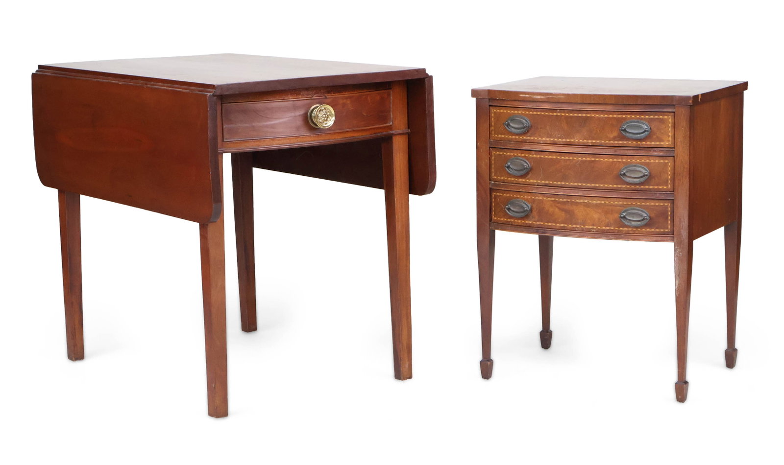 Federal Style Mahogany Drop Leaf Table: Federal Style Mahogany Drop Leaf Table Fitted with one drawer. Together with a Johnson & Handley Federal style inlaid mahogany nightstand. Surface distress and wear. 26 x 20 x 16 in. (66 x 50.8 x