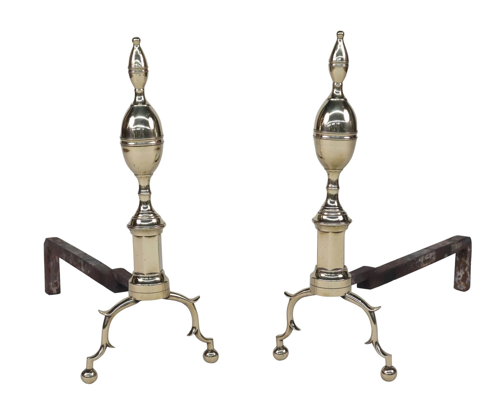 Pair of Cast Brass Double Lemon-Top Andirons: Pair of Cast Brass Double Lemon-Top Andirons Probably New York, 1800-1820. Provenance: Property from a Private Michigan Collection Appx 21 x 9 x 22 in. (53.3 x 22.9 x 55.9 cm.)
