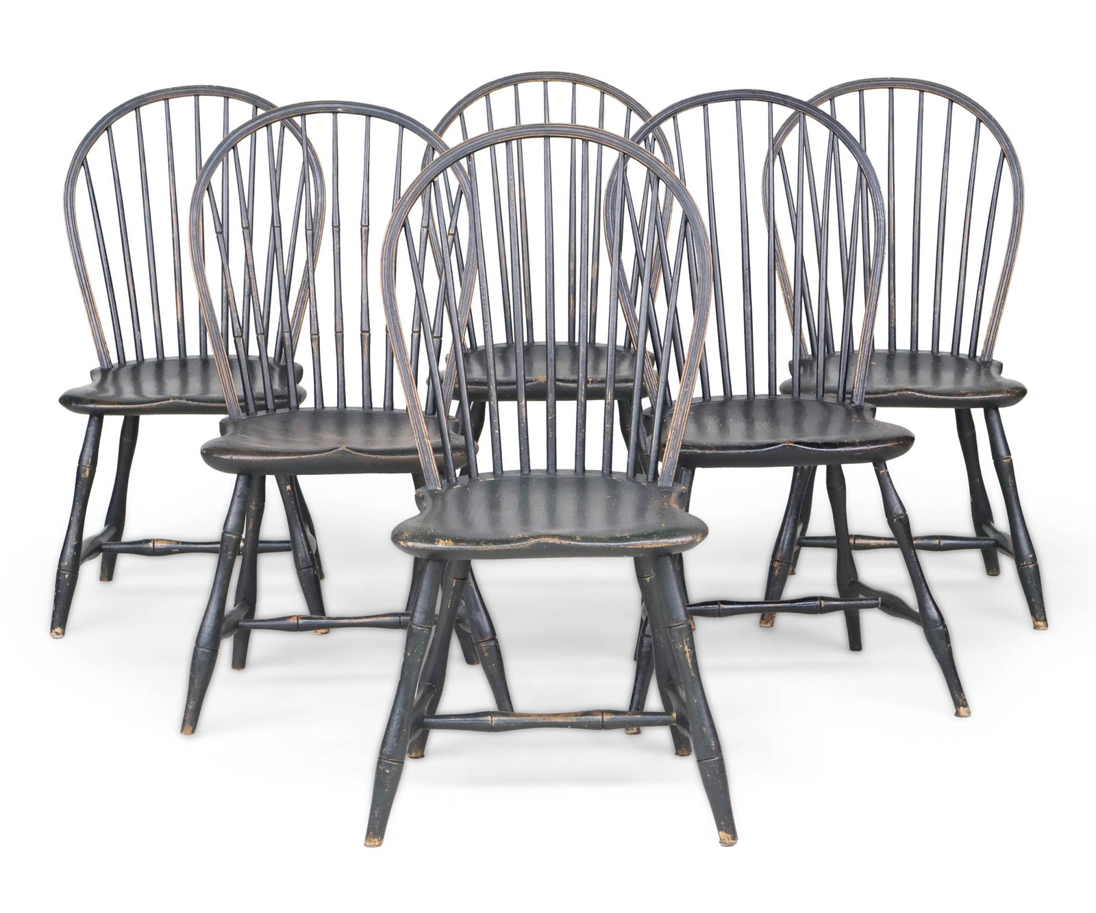 Assembled Set of Six Green-Black Painted Bow-Back Windsor Chairs: Assembled Set of Six Green-Black Painted Bow-Back Windsor Chairs New England, possibly Rhode Island, 1790-1810. Three initialed in chalk "L.G." Provenance: Property of a Private Bernardsville, NJ