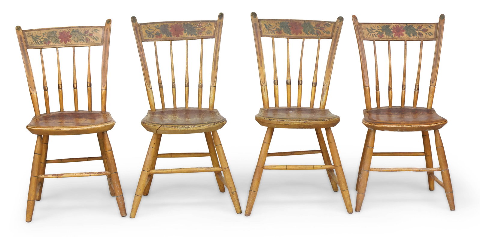 Set of Four Yellow Fancy-Painted and Floral-Decorated Thumb-Back Windsor Side Chairs: Set of Four Yellow Fancy-Painted and Floral-Decorated Thumb-Back Windsor Side Chairs American, 1810-1820. Provenance: Property of a Private Bernardsville, NJ Collection Approximately 34 in. (86.4 cm.)