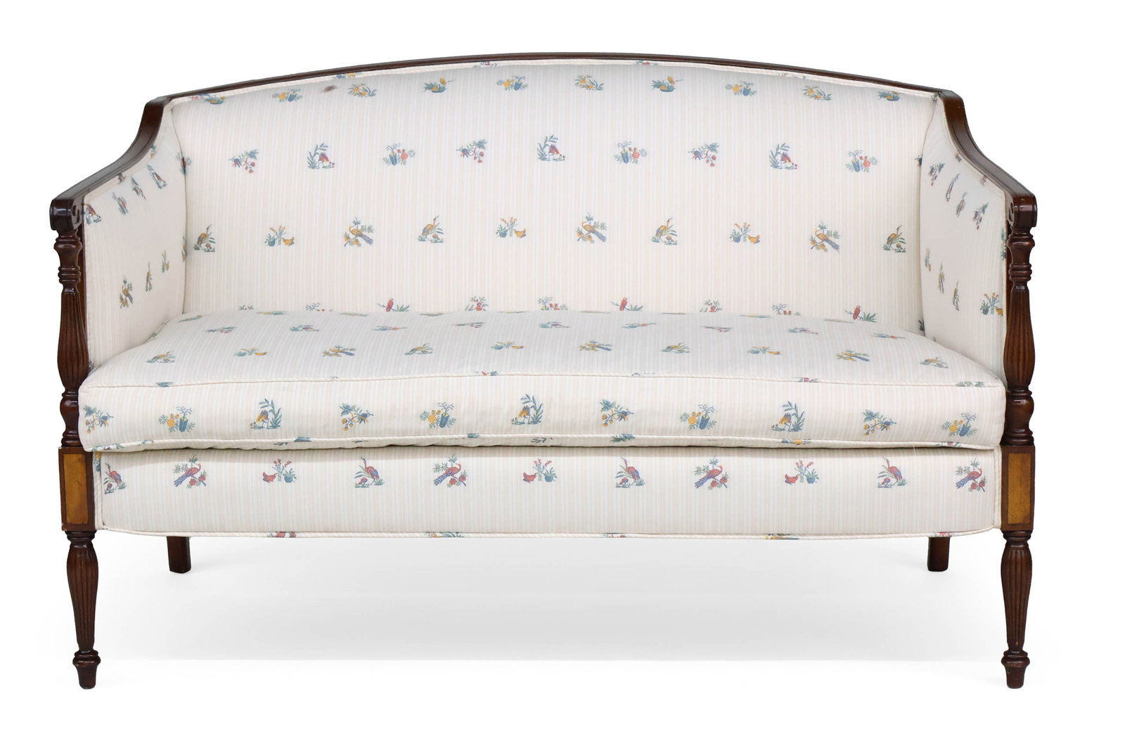 Federal Style Inlaid Mahogany Settee: Federal Style Inlaid Mahogany Settee In the Massachusetts tradition, 20th/21st century. Provenance: Property of a Private Bernardsville, NJ Collection 33 3/4 x 53 1/2 x 25.23 in. (85.7 x 135.9 x 64.1 