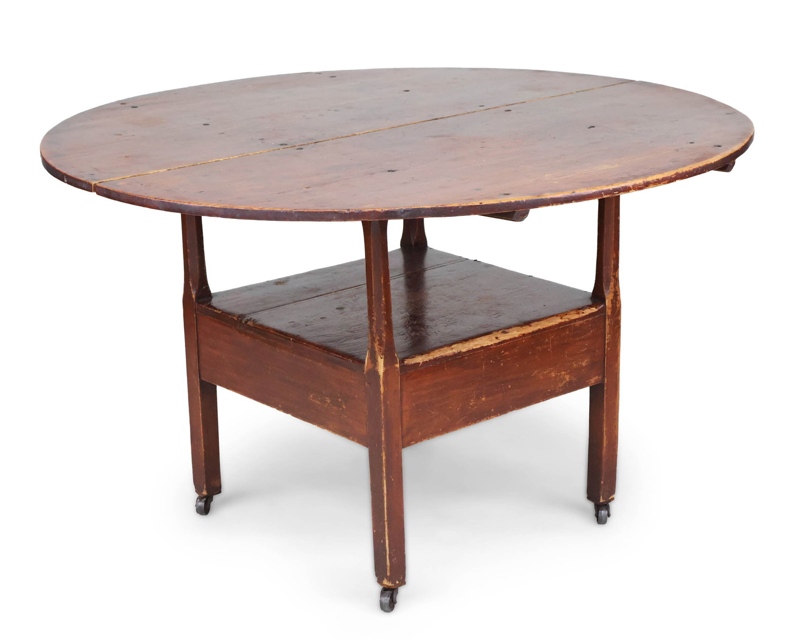 Red-Stained Pine Lift-Top Hutch Chair/Table: Red-Stained Pine Lift-Top Hutch Chair/Table New England, late 18th C. Provenance: Property of a Private Bernardsville, NJ Collection 29 1/2 x 48 3/4 in. dia. (74.9 x 123.8 cm.)
