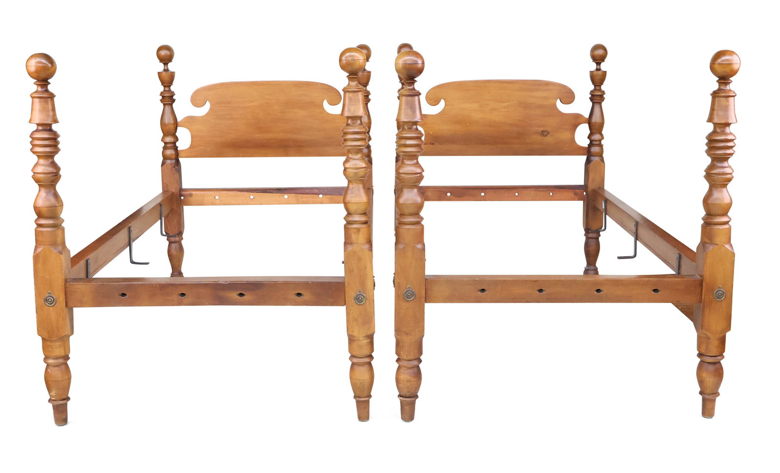 Pair of Empire Turned Maple and Pine "Canon Ball" Beds: Pair of Empire Turned Maple and Pine "Canon Ball" Beds American, 19th C. Provenance: Property of a Private Bernardsville, NJ Collection 50 1/2 x 43 1/2 x 87 in. (128.3 x 110.5 x 221 cm.)