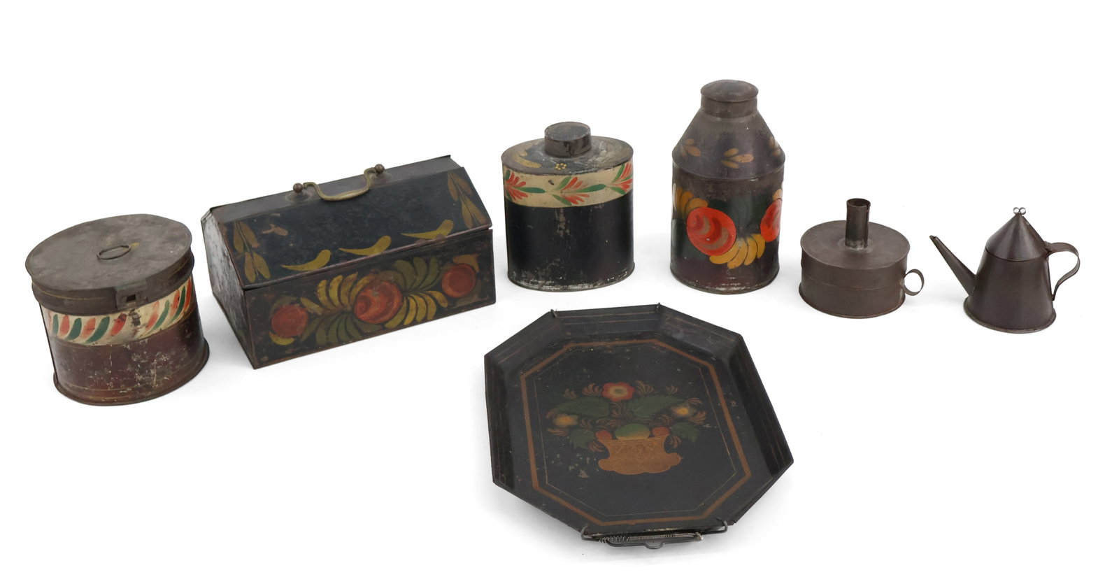 Miscellaneous Group of Painted and Polychrome-Decorated Toleware: Miscellaneous Group of Painted and Polychrome-Decorated Toleware American, probably Pennsylvania, 19th C. Comprising an octagonal tray, a lidded box, two tea cannisters, a lidded circular box, a