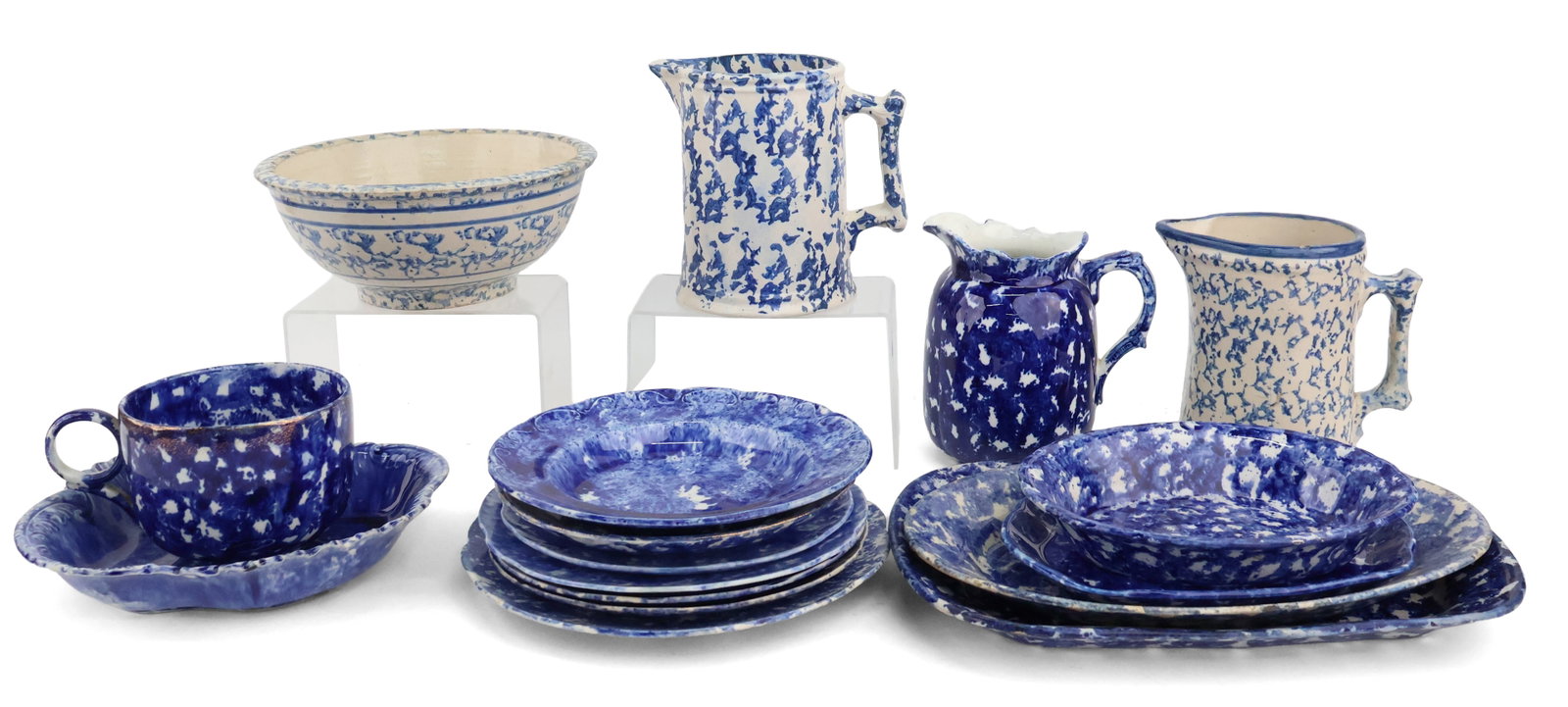 Group of Spongeware Table Articles: Group of Spongeware Table Articles Including, plates, bowls, platters, and pitchers. Approx. 17 pieces Provenance: Property of a Private Bernardsville, NJ Collection