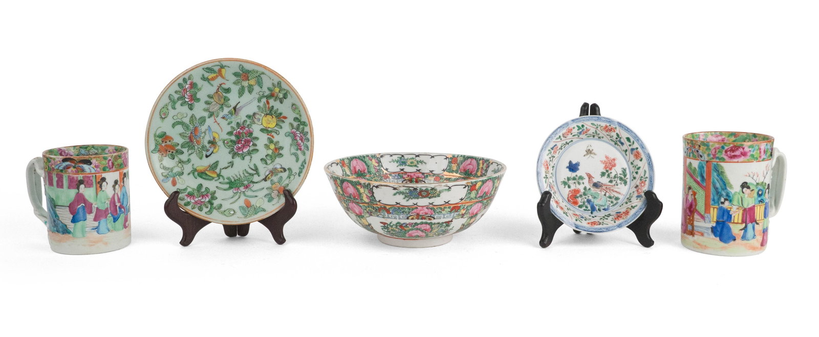 Two Chinese Rose Medallion Porcelain Mugs: Two Chinese Rose Medallion Porcelain Mugs Together with a Chinese style rose medallion bowl, a small Chinese plate, and a famille rose celadon plate. 5 pieces Provenance: Property of a Private