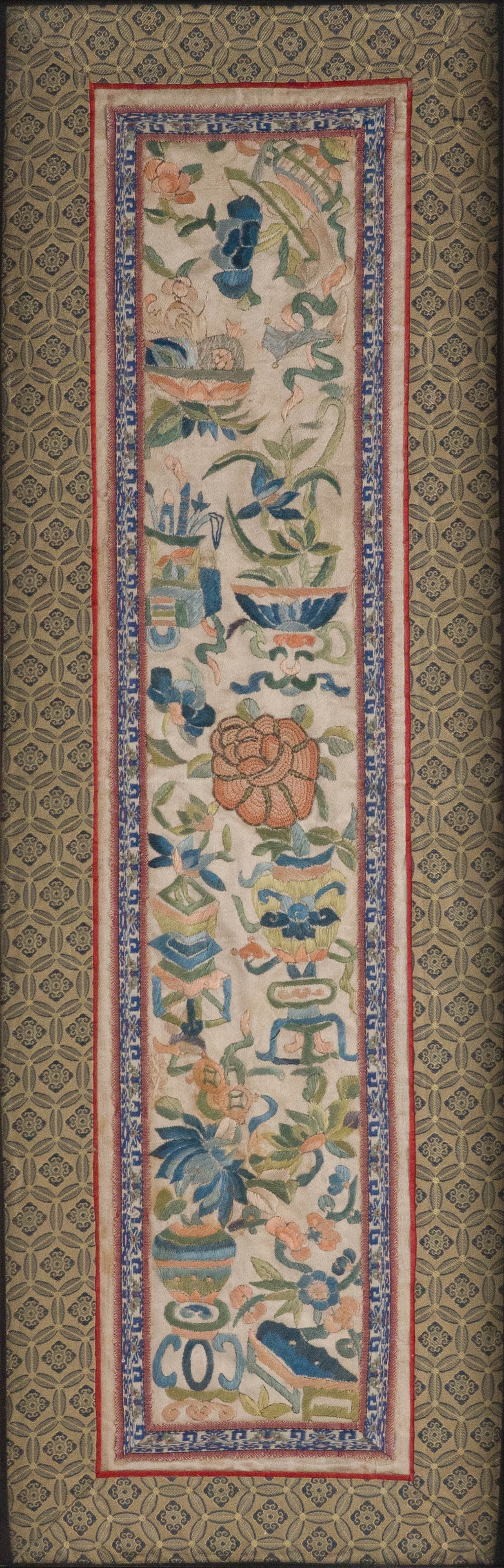 Chinese Embroidered Mandarin Sleeve: Chinese Embroidered Mandarin Sleeve Framed, with certificate of antiquity dated 12 Feb. 1982. Provenance: Property of a Private Bernardsville, NJ Collection Sight: 24 x 7 1/2 in. (61 x 19.1 cm.),