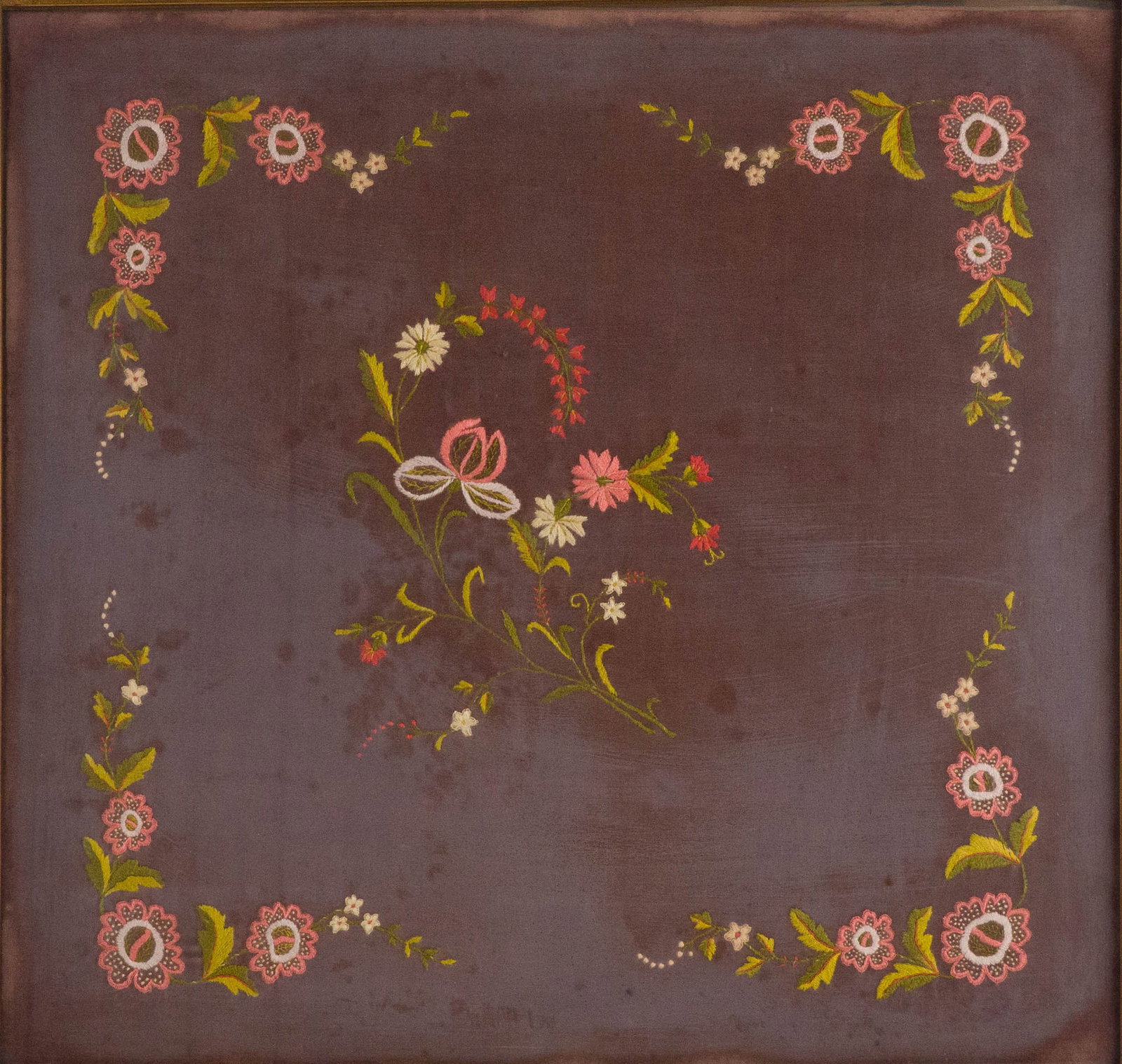 Framed Floral Embroidered Textile Wall Hanging: Framed Floral Embroidered Textile Wall Hanging 19th/20th C. Provenance: Property of a Private Bernardsville, NJ Collection Sight: 19 1/2 x 20 3/4 in. (49.5 x 52.7 cm.), Frame: 24 x 25 1/4 in. (61 x 64