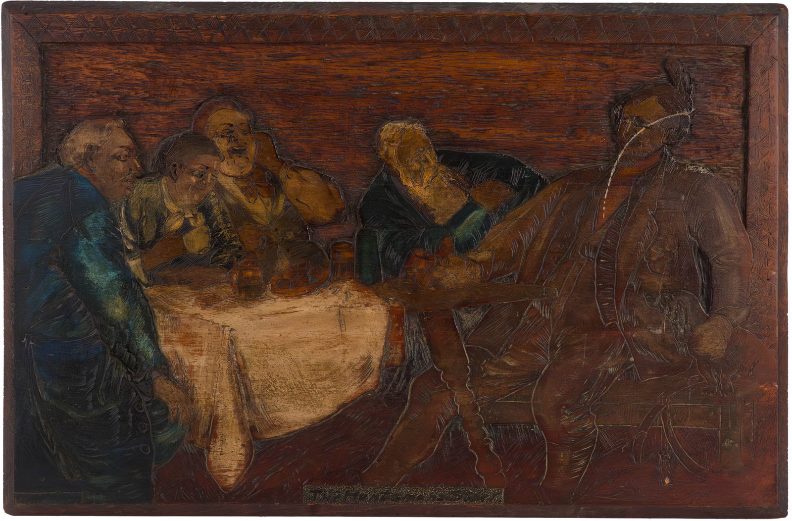 Carved and Painted Wood Panel, "The Huntsman's Story": Carved and Painted Wood Panel, "The Huntsman's Story" 20th C. Provenance: Property of a Private Bernardsville, NJ Collection 19 x 29 1/4 in. (48.3 x 74.3 cm.)
