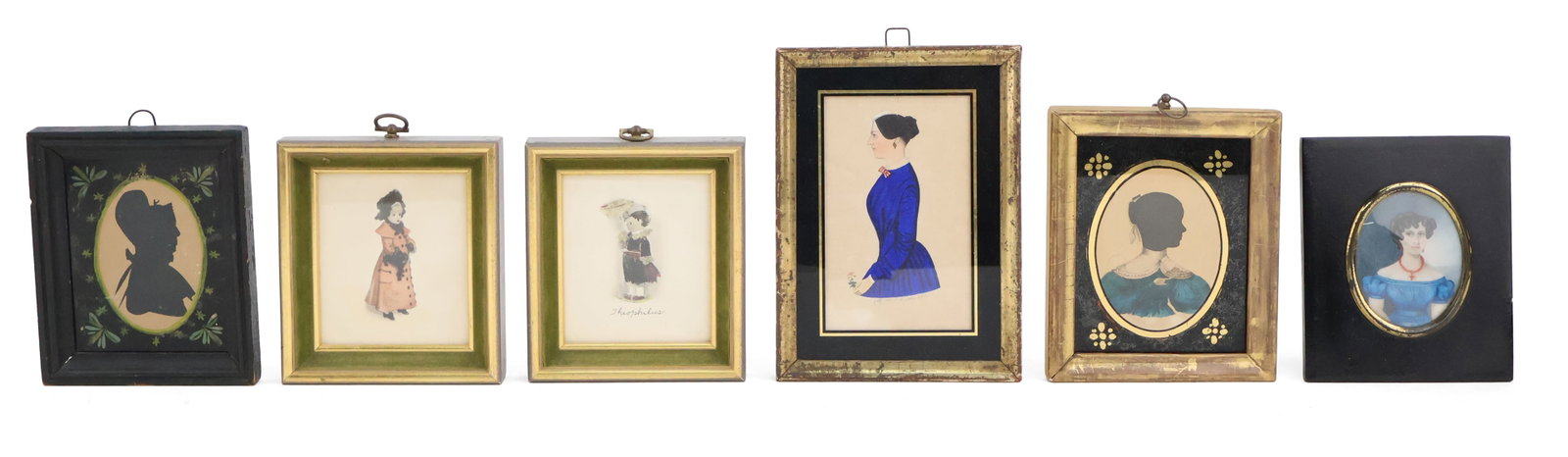 Portrait Miniature of a Lady in Blue Dress: Portrait Miniature of a Lady in Blue Dress Together with two silhouettes of women, a painting of a woman in blue dress, and two prints of children. 6 pieces Provenance: Property of a Private Bernardsv
