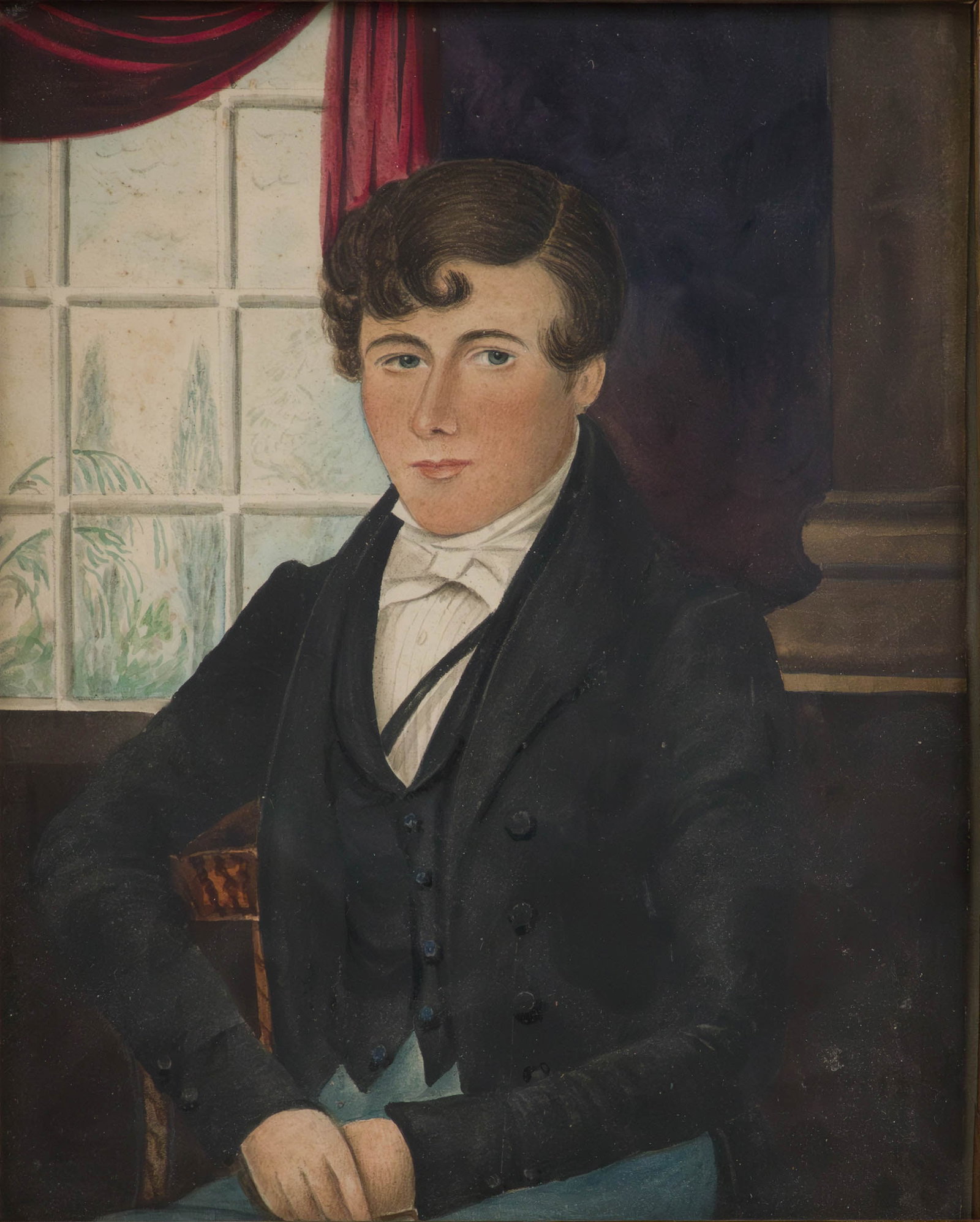 American School, 19th C., Seated Gentleman in Front of Window, Watercolor on Paper: American School 19th C. Seated Gentleman in Front of Window Watercolor on Paper No signature apparent. Provenance: Property from a New England Collector Sight: 7 1/2 x 6 in. (19.1 x 15.2