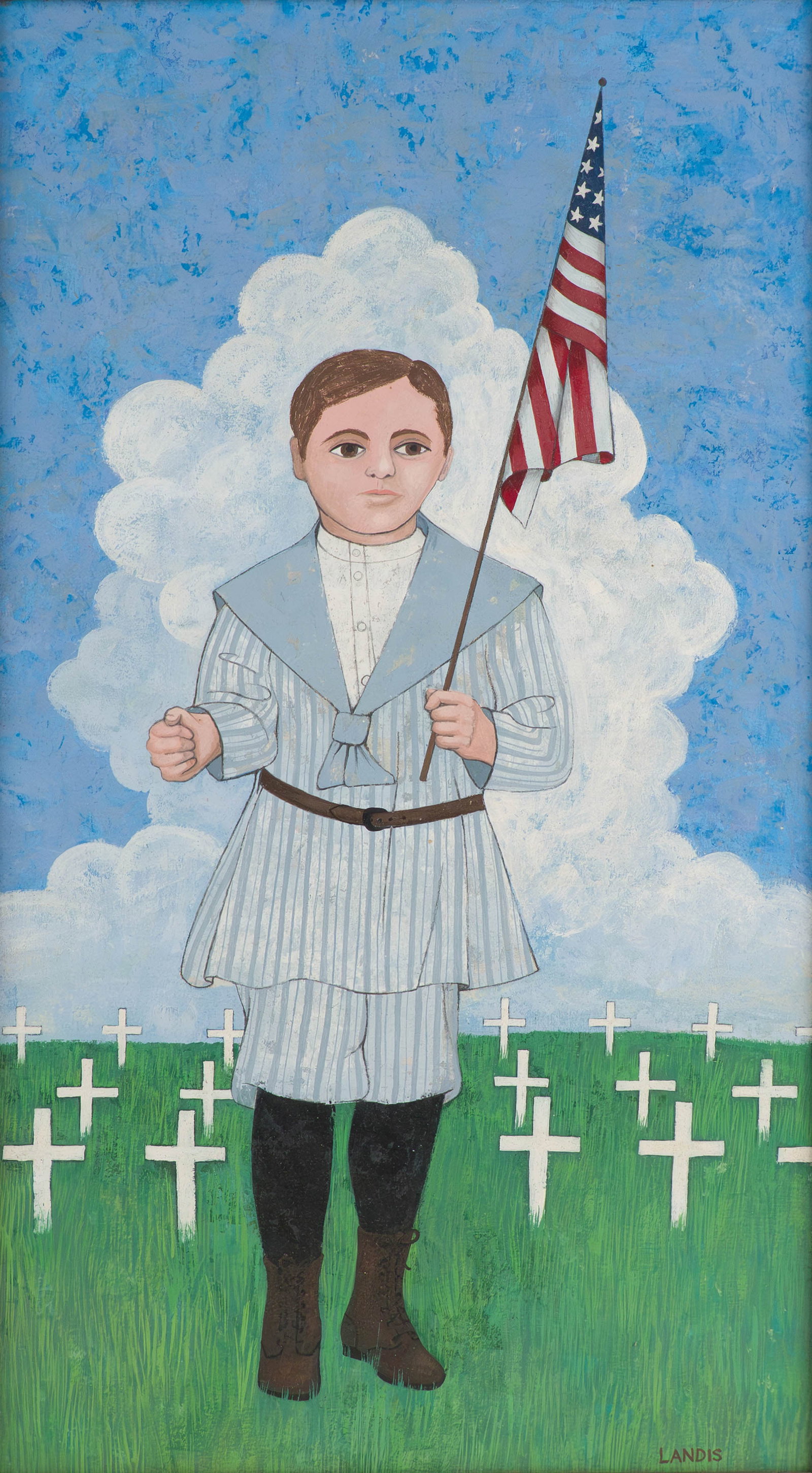Young Boy Holding American Flag, Oil on Board (1 of 8)