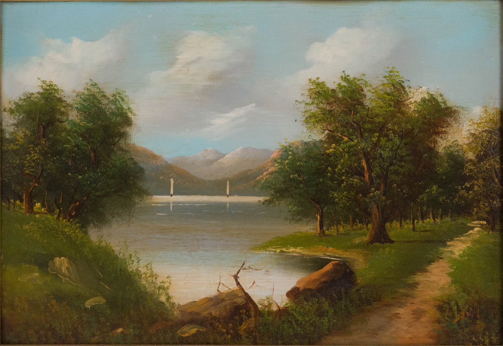 American School, 19th C., Mountain River Landscape, Oil on Tin (1 of 6)