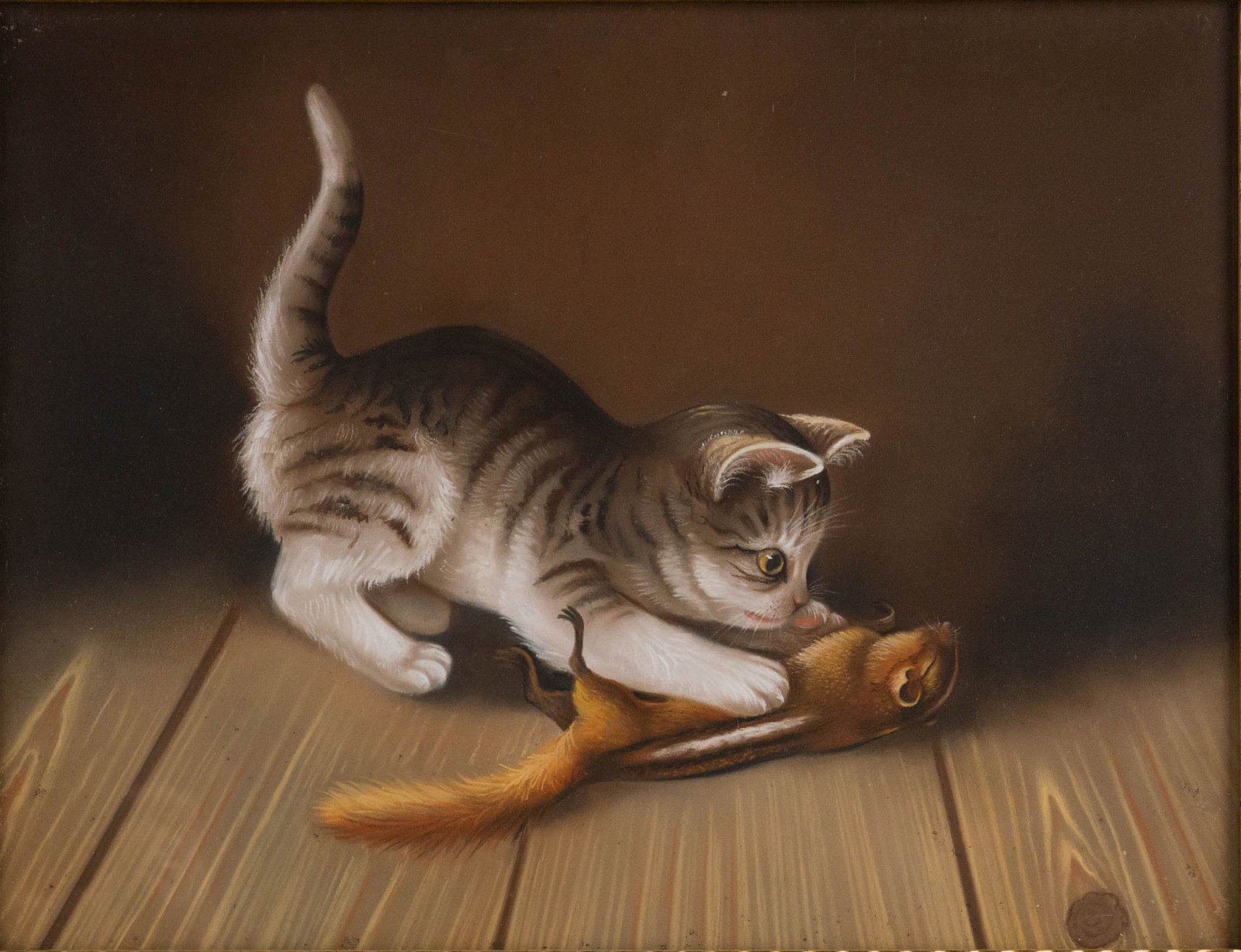 American School, 19th C., Gray Tabby Kitten Pouncing on a Chipmunk, Pastel on Paper (1 of 9)