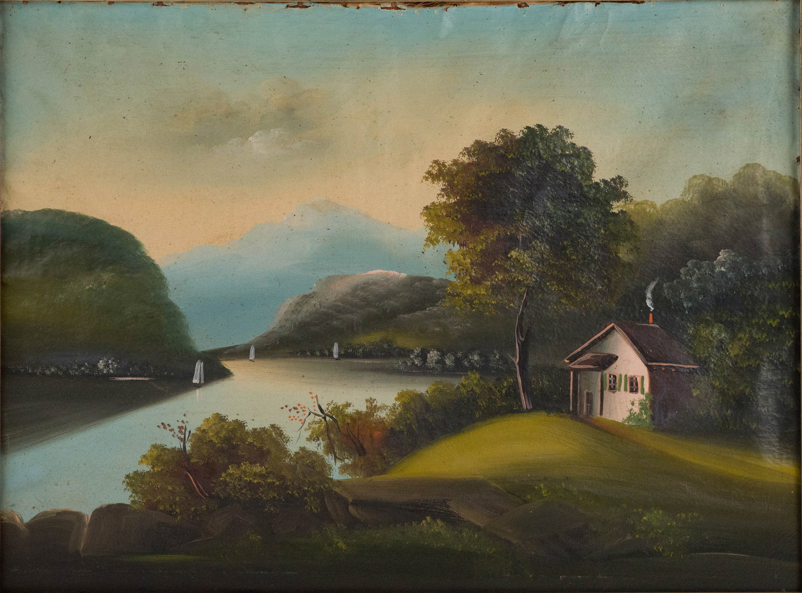 American School, 19th C., Lakeside Cabin, Oil on Canvas (1 of 7)