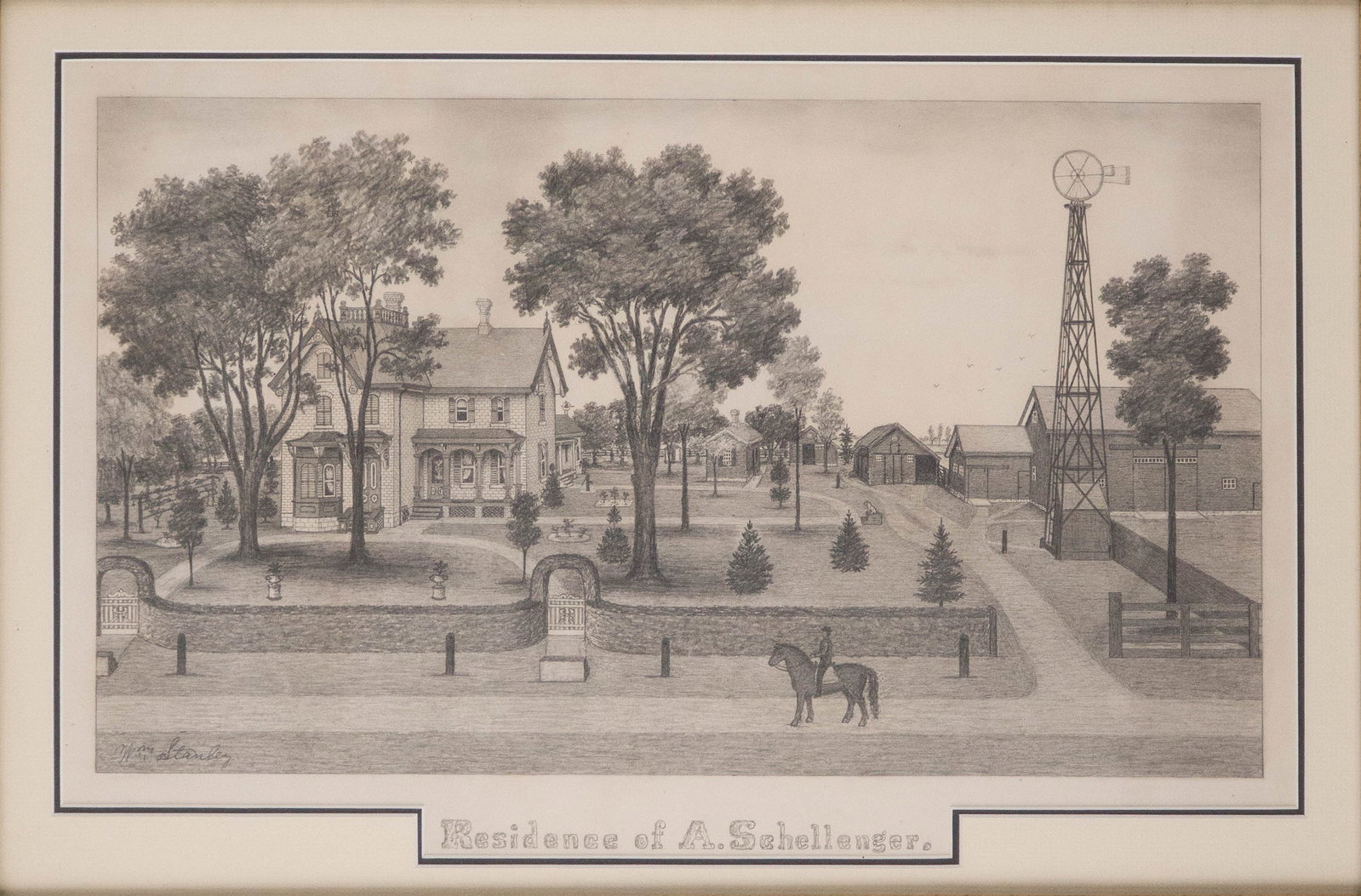 Residence of A. Schellenger, Graphite on Paper: Residence of A. Schellenger Graphite on Paper Signed "Stanley" l.l. Provenance: Property from a New England Collector Sight: 12 x 18 1/4 in. (30.5 x 46.4 cm.), Frame: 18 1/2 x 25 1/2 in. (47 x 64.8