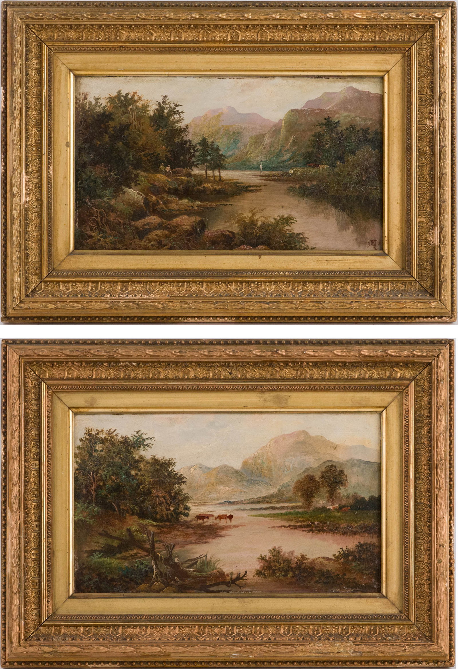 Pair of Riverscapes, Oil on Boards: Pair of Riverscapes Oil on Boards One monogrammed l.r. Sight: 6 5/8 x 11 5/8 in. (16.8 x 29.5 cm.), Frame: 12 1/4 x 17 1/4 in. (31.1 x 43.8 cm.)