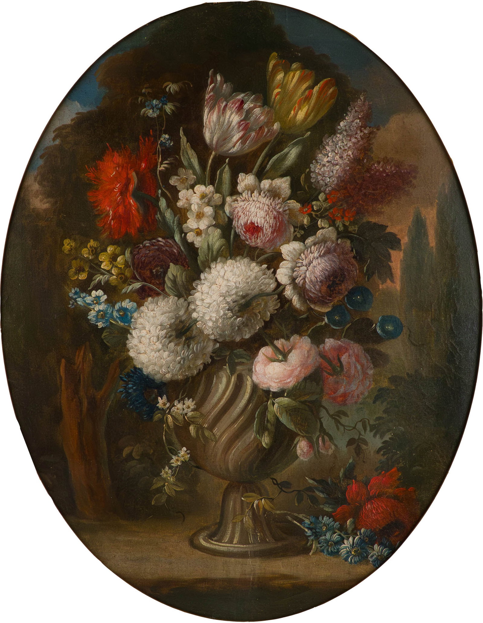 John Devich, Floral Still Life, Oil on Canvas: John Devich Floral Still Life Oil on Canvas Appears to be unsigned, in oval frame, formerly in a rectangular frame, mounted on a board, bears signature verso on canvas. Sight: 27 1/2 x 21 1/4 in. (69.
