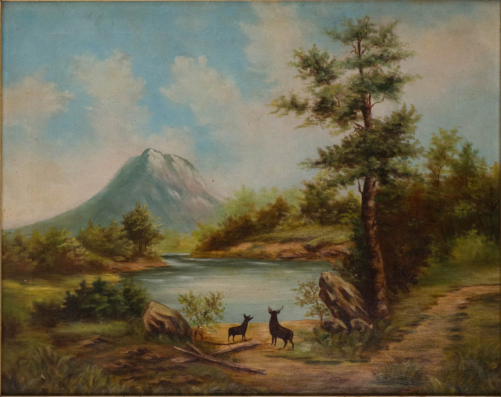 Two Deer in a Landscape, Oil on Canvas: Two Deer in a Landscape Oil on Canvas Appears to be unsigned. Sight: 15 1/4 x 19 1/4 in. (38.7 x 48.9 cm.), Frame: 22 1/4 x 26 in. (56.5 x 66 cm.)