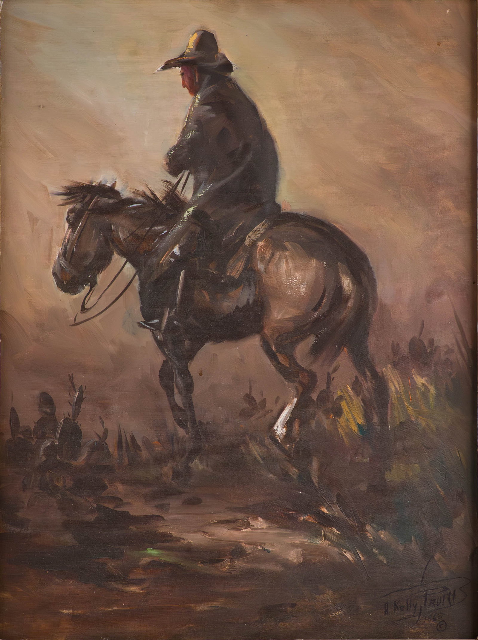 Kelly Pruitt, 1924-2009, Man on Horseback in Desert, Oil on Canvas: Kelly Pruitt 1924-2009 Man on Horseback in Desert Oil on Canvas Signed l.r. "A. Kelly Pruitt". Sight: 23 1/4 x 17 1/4 in. (59.1 x 43.8 cm.), Frame: 33 3/4 x 27 3/4 in. (85.7 x 70.5 cm.)