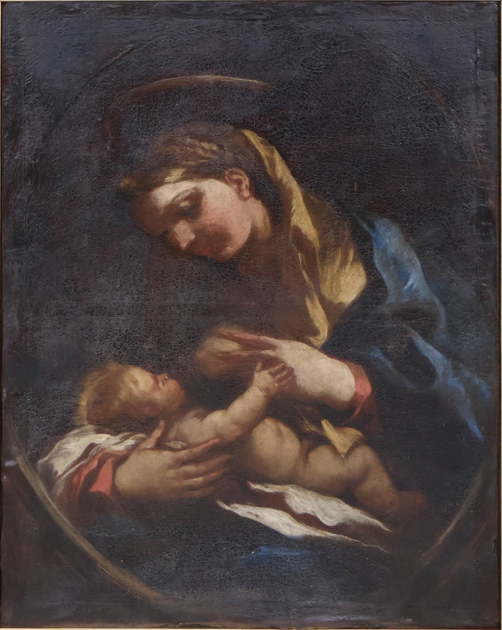 Portrait of Madonna and Child, Oil on Canvas: Portrait of Madonna and Child Oil on Canvas 17th C. Neapolitan School. Losses to canvas and not attached to frame. Sight: 32 1/4 x 24 1/4 in. (81.9 x 61.6 cm.), Frame: 36 1/2 x 28 1/4 in. (92.7 x 71.8