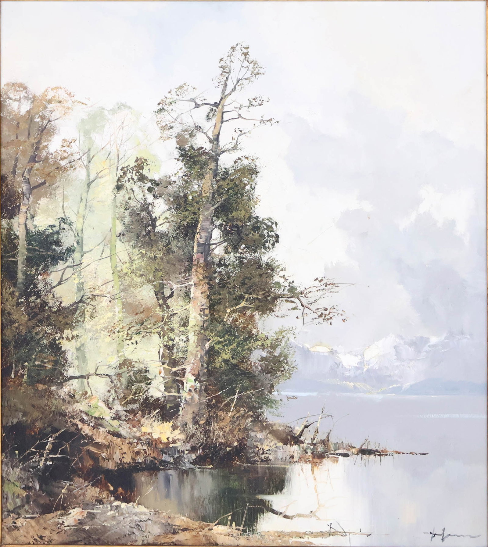 Ingfried Henze, 1925-1972, Landscape with Lake and Forest, Oil on Canvas: Ingfried Henze 1925-1972 Landscape with Lake and Forest Oil on Canvas Signed l.r. Sight: 30 1/2 x 26 1/2 in. (77.5 x 67.3 cm.), Frame: 38 3/4 x 34 1/2 in. (98.4 x 87.6 cm.)