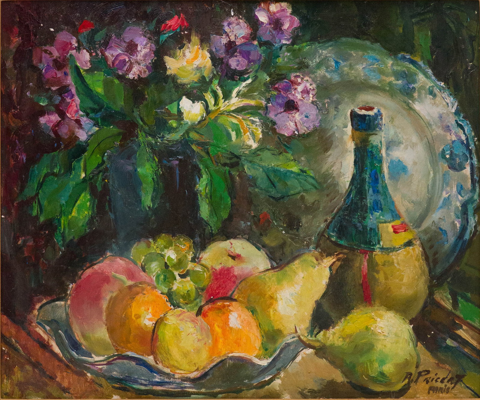 Raphael Pricert, 1905-1967, Still Life, Oil on Board: Raphael Pricert 1905-1967 Still Life Oil on Board Signed l.r. "R. Pricert/Paris", inscribed verso "No. 28 Nature Morte/R. Pricert." Sight: 14 1/2 x 17 1/2 in. (36.8 x 44.5 cm.), Frame: 22 1/4 x 25 in.