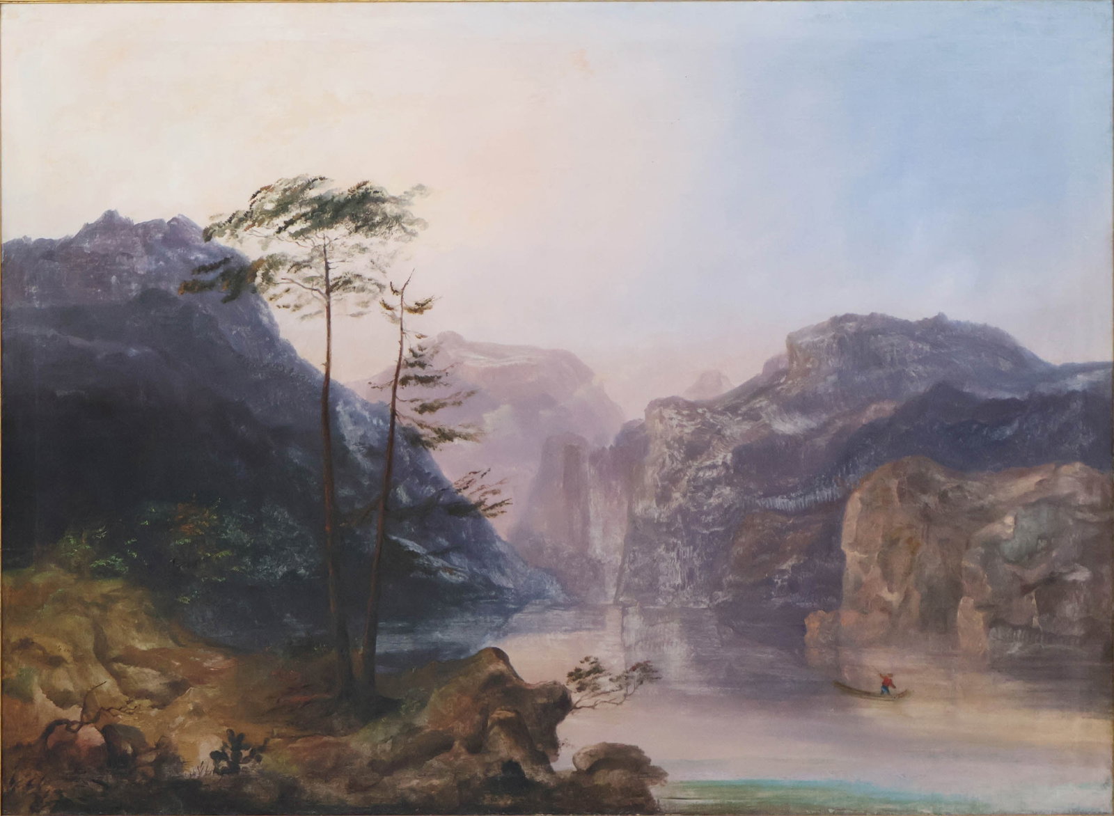 The Ravine, Oil on Canvas: The Ravine Oil on Canvas American School, 19th C. appears to be unsigned. Bears old Sotheby's sticker verso. Sight: 36 3/4 x 49 in. (93.3 x 124.5 cm.), Frame: 44 x 56 in. (111.8 x 142.2 cm.)