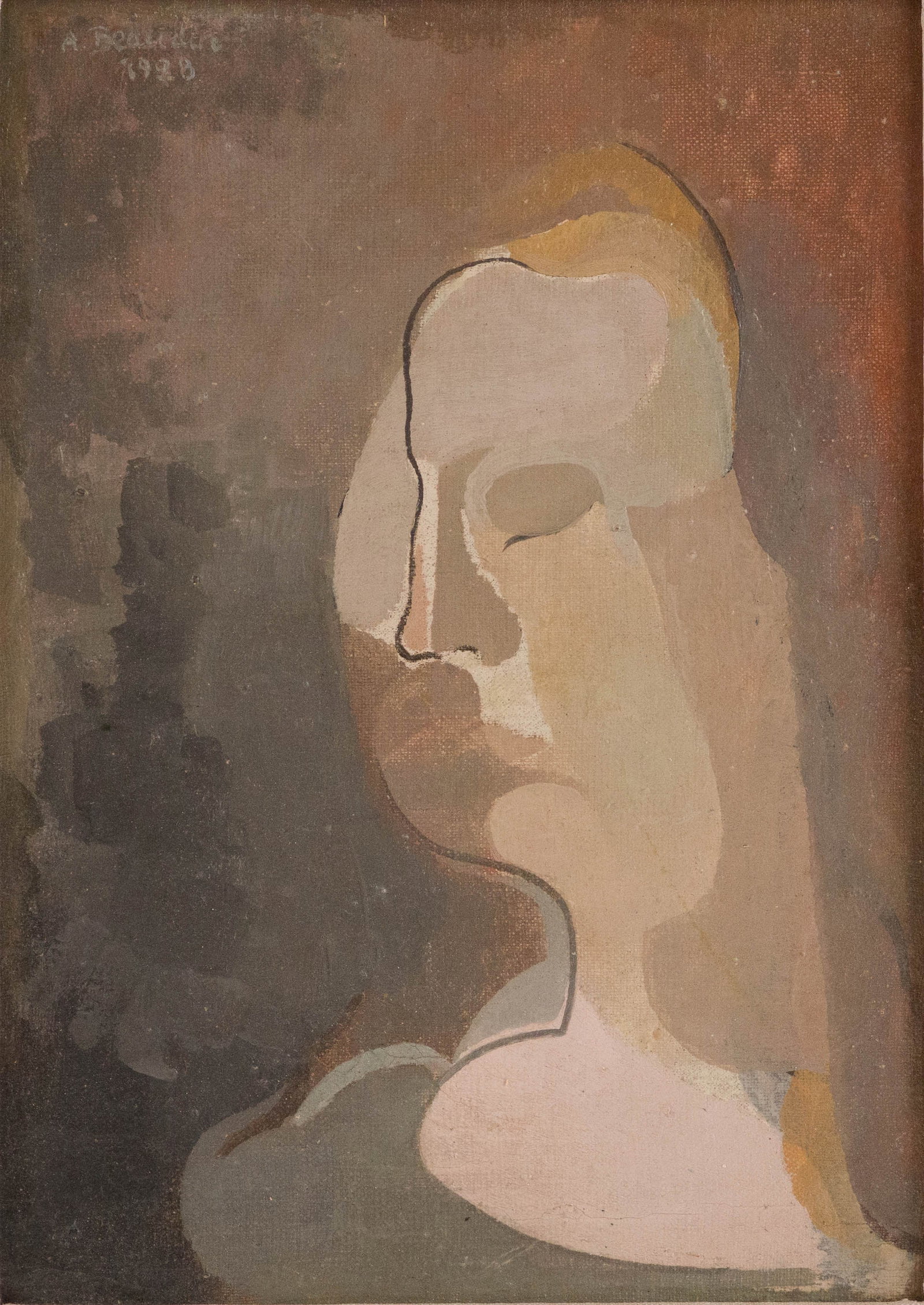 Andre Beaudin, 1895-1979, Portrait de Femme, Oil on Canvas: Andre Beaudin 1895-1979 Portrait de Femme Oil on Canvas Signed u.l. and dated 1928 Provenance: Ruellan Auctions, 5/30/2015, lot 40 Sight: 12 1/4 x 8 1/2 in. (31.1 x 21.6 cm.), Frame: 18 x