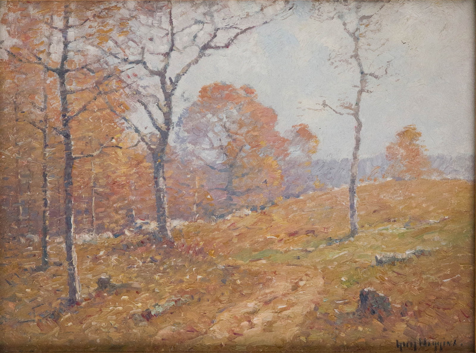 Guy Carleton Wiggins, American 1883-1962, Hazy Autumn, Oil on Canvas: Guy Carleton Wiggins American, 1883-1962 Hazy Autumn Oil on Canvas Signed l.r. Provenance: Grogan & Company, 10/28/2023, lot 31 Sight: 11 1/2 x 15 3/4 in. (29.2 x 40 cm.), Frame: 18 x 21