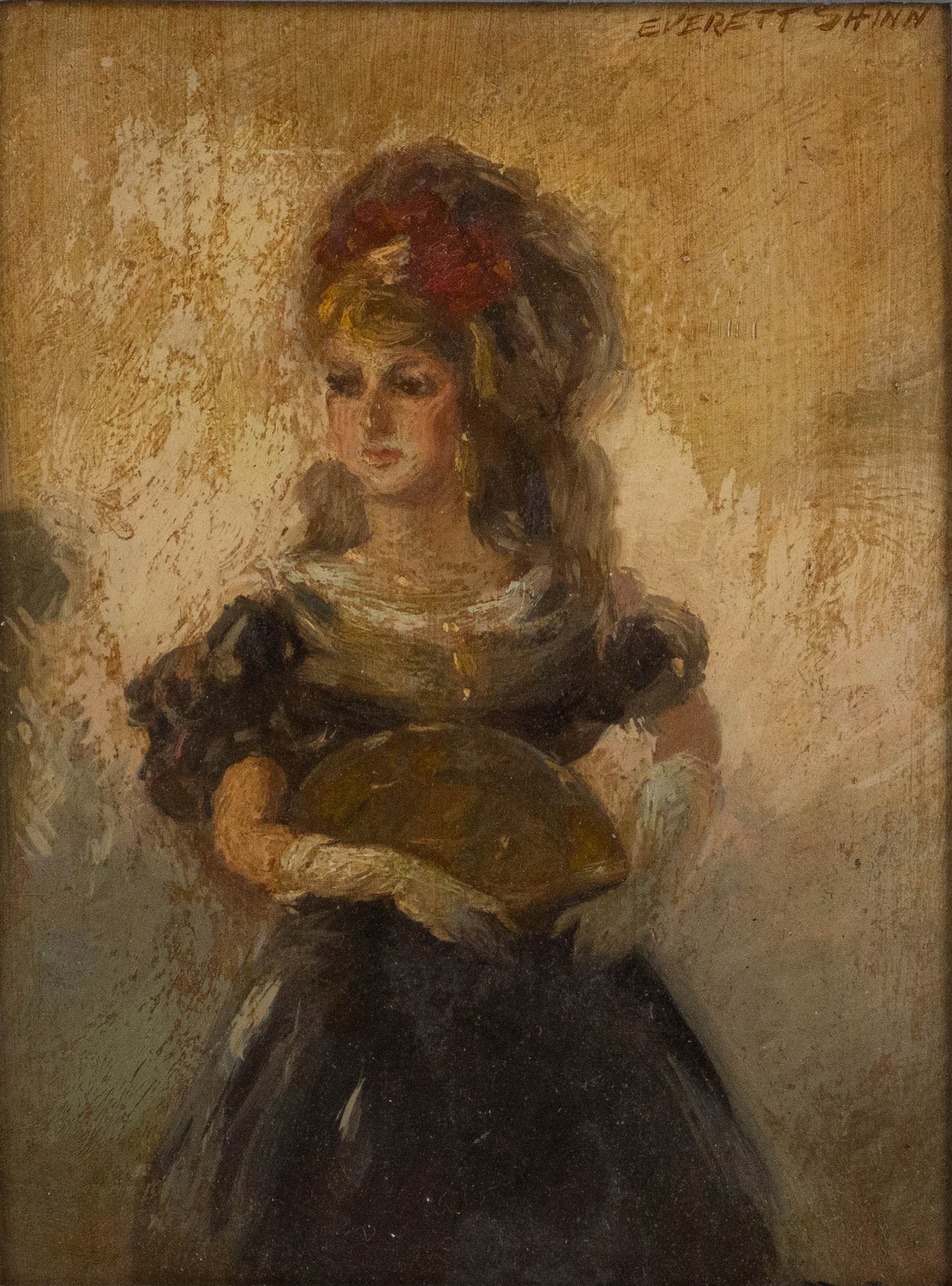 Everett Shinn, 1876-1953, Portrait of a Girl with Hat, Oil on Board (1 of 6)