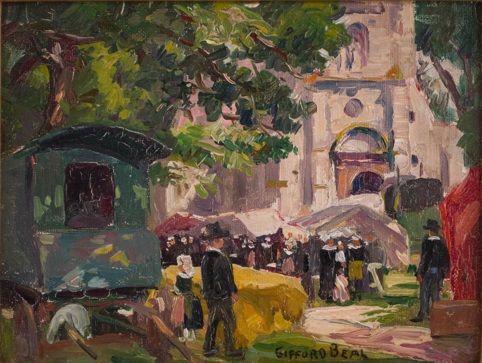 Gifford Beal, 1879-1956, Sunday Morning Church Scene, Oil on Canvasboard: Gifford Beal 1879-1956 Sunday Morning Church Scene Oil on Canvasboard Signed l.r. Provenance: Estate of Joseph ''Jay'' St. Mark, PhD, of Newtown, Connecticut, historian, appraiser, and collec