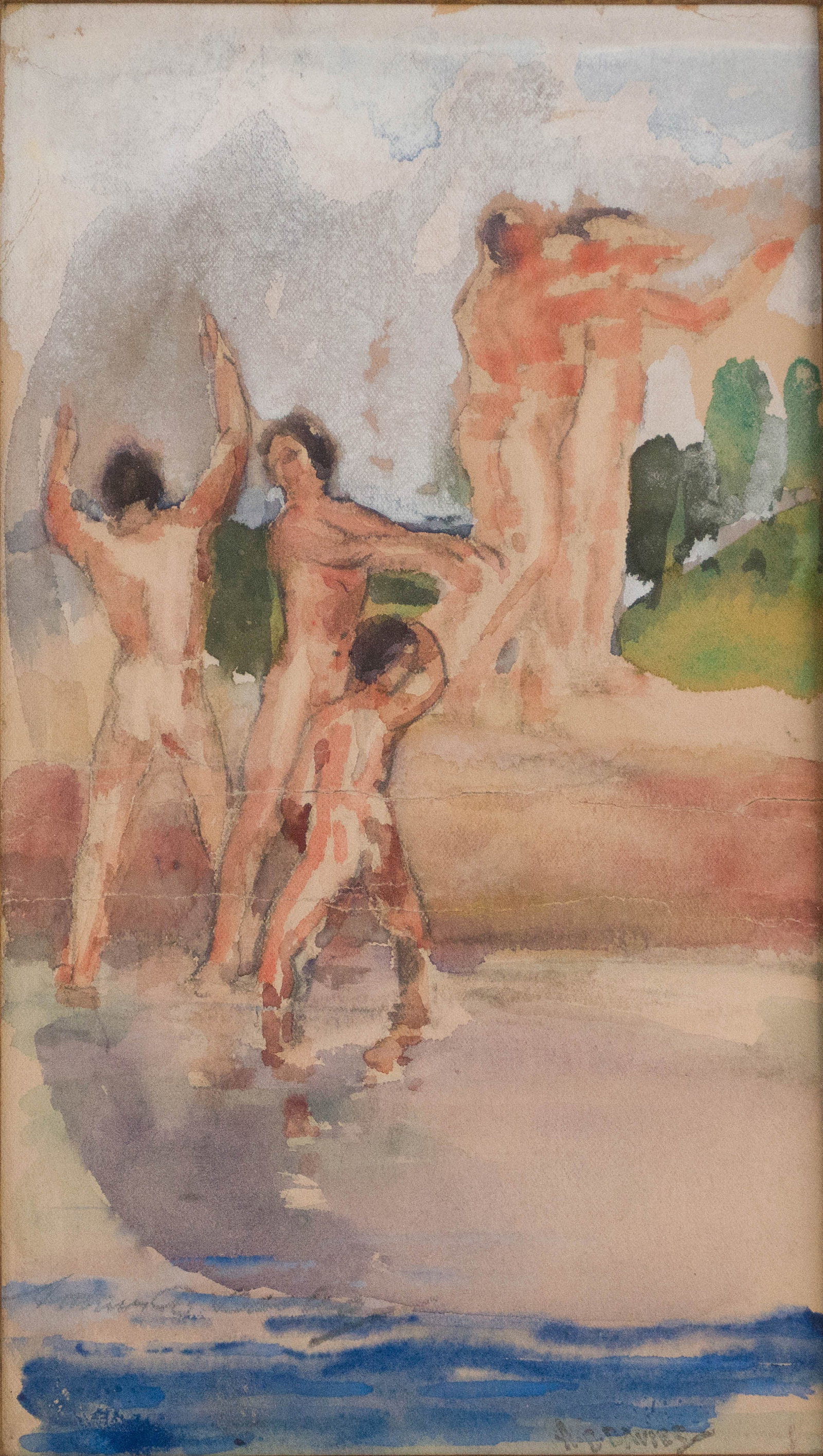 Arthur Bowen Davies, American 1862-1928, Rhythmic Nudes in Landscape, Watercolor on Paper: Arthur Bowen Davies American, 1862-1928 Rhythmic Nudes in Landscape Watercolor on Paper Signed l.r. "A.B. Davies". Sight: 10 x 5 1/4 in. (25.4 x 13.3 cm.), Frame: 17 1/4 x 12 1/2 in. (43.8 x 31.8 cm.)