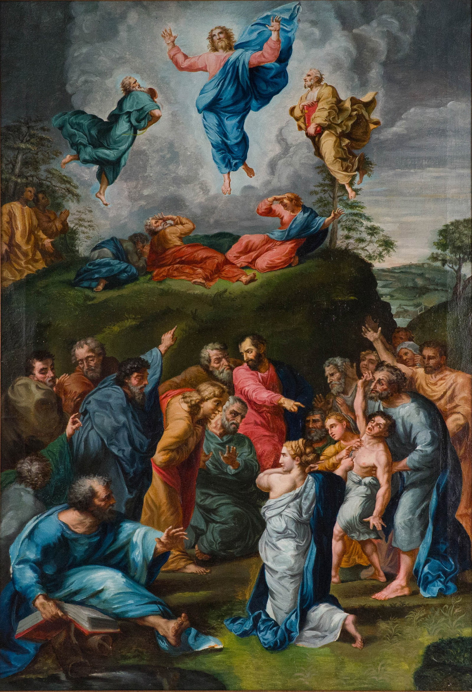 After Raphael, Italian 1483-1520, La Transfiguration, Oil on Canvas: After Raphael Italian, 1483-1520 La Transfiguration Oil on Canvas 19th C. reproduction of Raphael's original painting. Sight: 37 x 25 1/4 in. (94 x 64.1 cm.), Frame: 42 3/4 x 31 1/4 in. (108.6 x 79.4 
