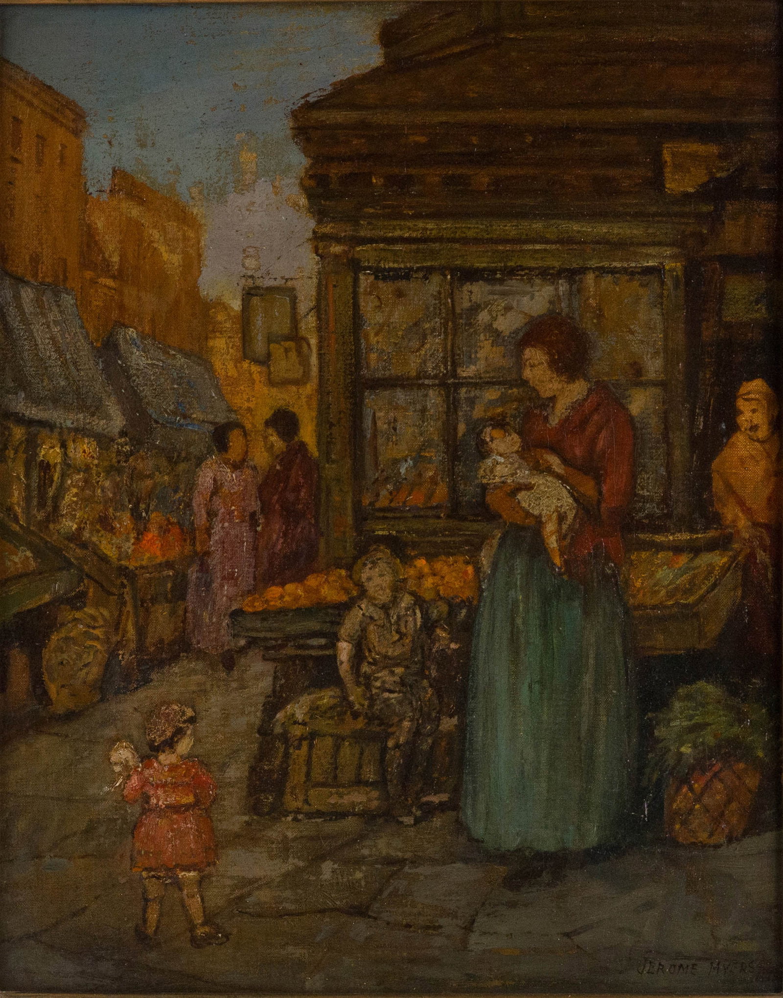 Jerome Myers, American 1867-1940, East Side Corner, Oil on Board (1 of 9)