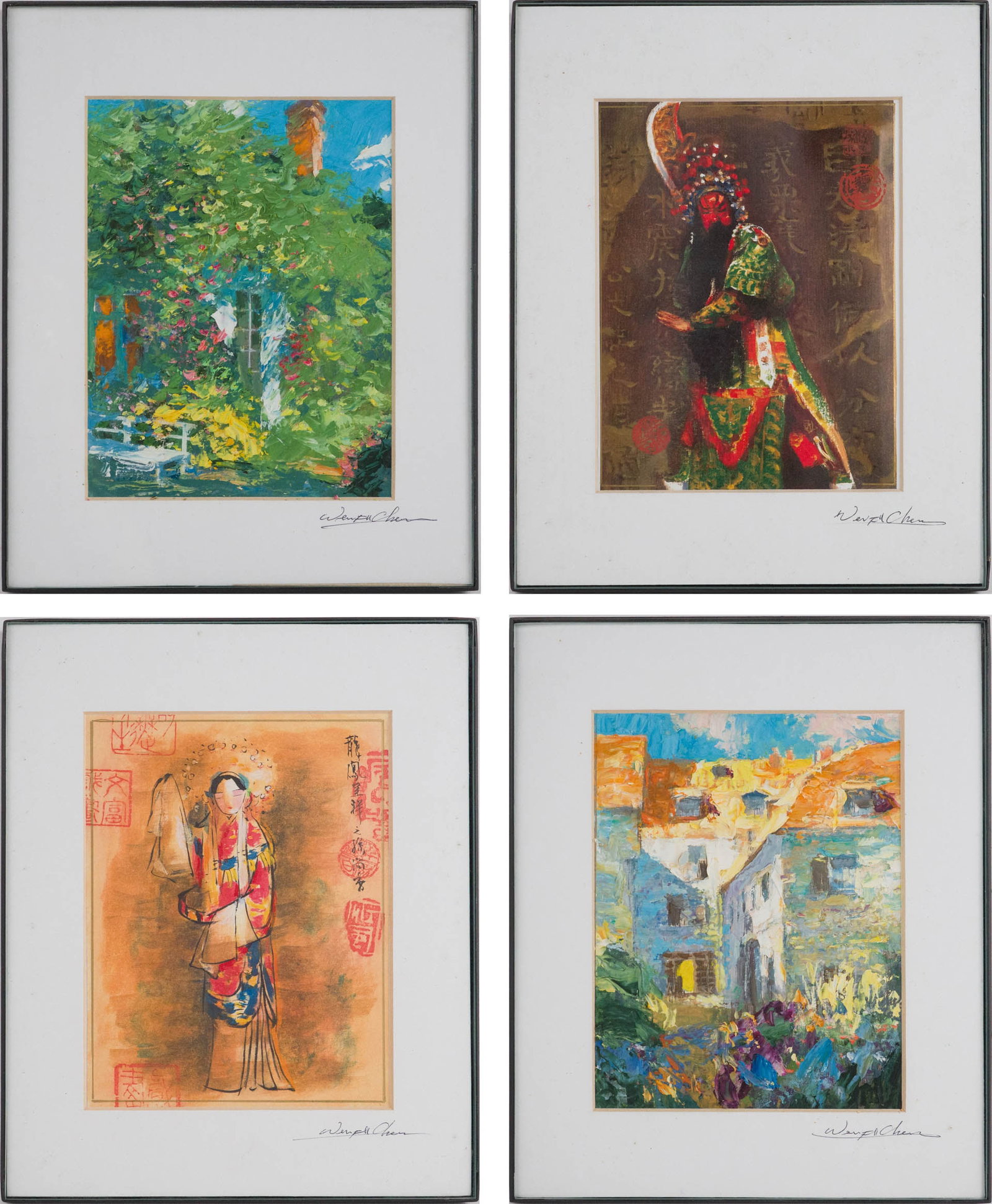 Wen Fu Chen, Four Assorted, Mixed Media on Paper: Wen Fu Chen Four Assorted Mixed Media on Paper Watercolor and oil, one of a house and garden, one of an Asian warrior, one of a country house, and one of an Asian woman. Sight: 6 5/8 x 5 in. (16.8 x 1