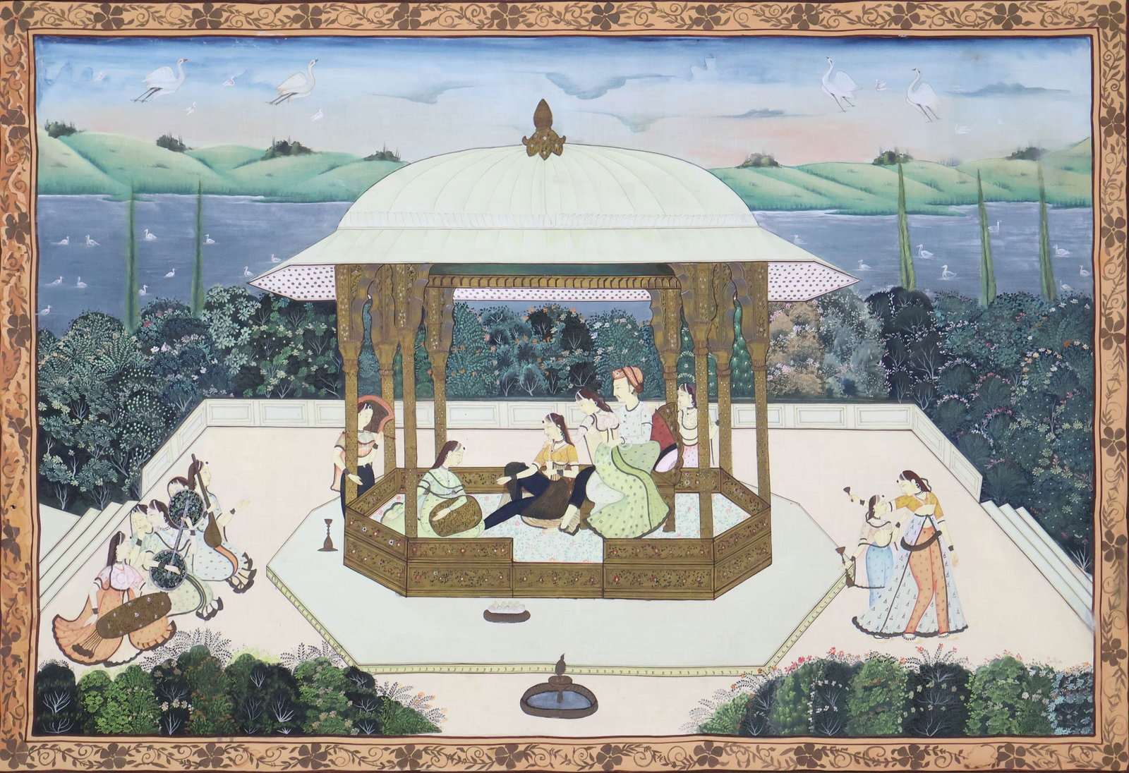 Large Indian Mughal Painting on Cloth: Large Indian Mughal Painting on Cloth Depicting a prince, probably Jagat Singh with a group of ladies. Sight: 44 1/4 x 68 1/4 in. (112.4 x 173.4 cm.), Frame: 44 3/4 x 68 3/4 in. (113.7 x 174.6 cm.)