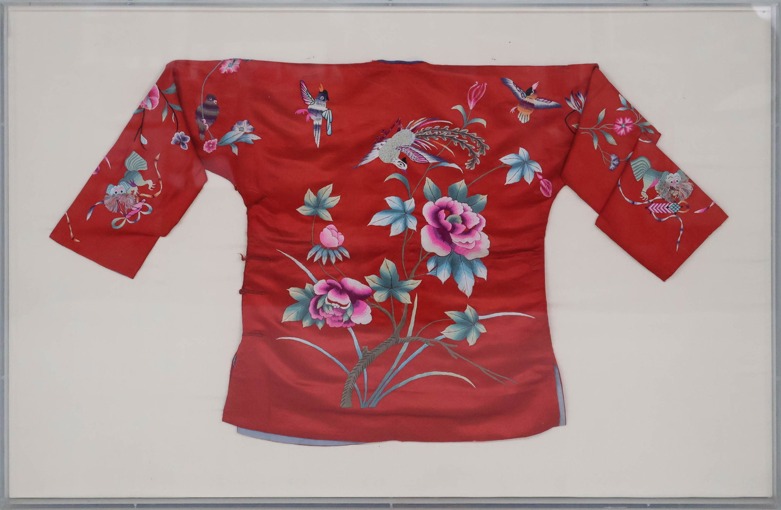 Framed Chinese Embroidered Red Silk Jacket: Framed Chinese Embroidered Red Silk Jacket 19th/20th C. Frame: 30 1/2 x 40 1/2 x 2 in. (77.5 x 102.9 x 5.1 cm.)