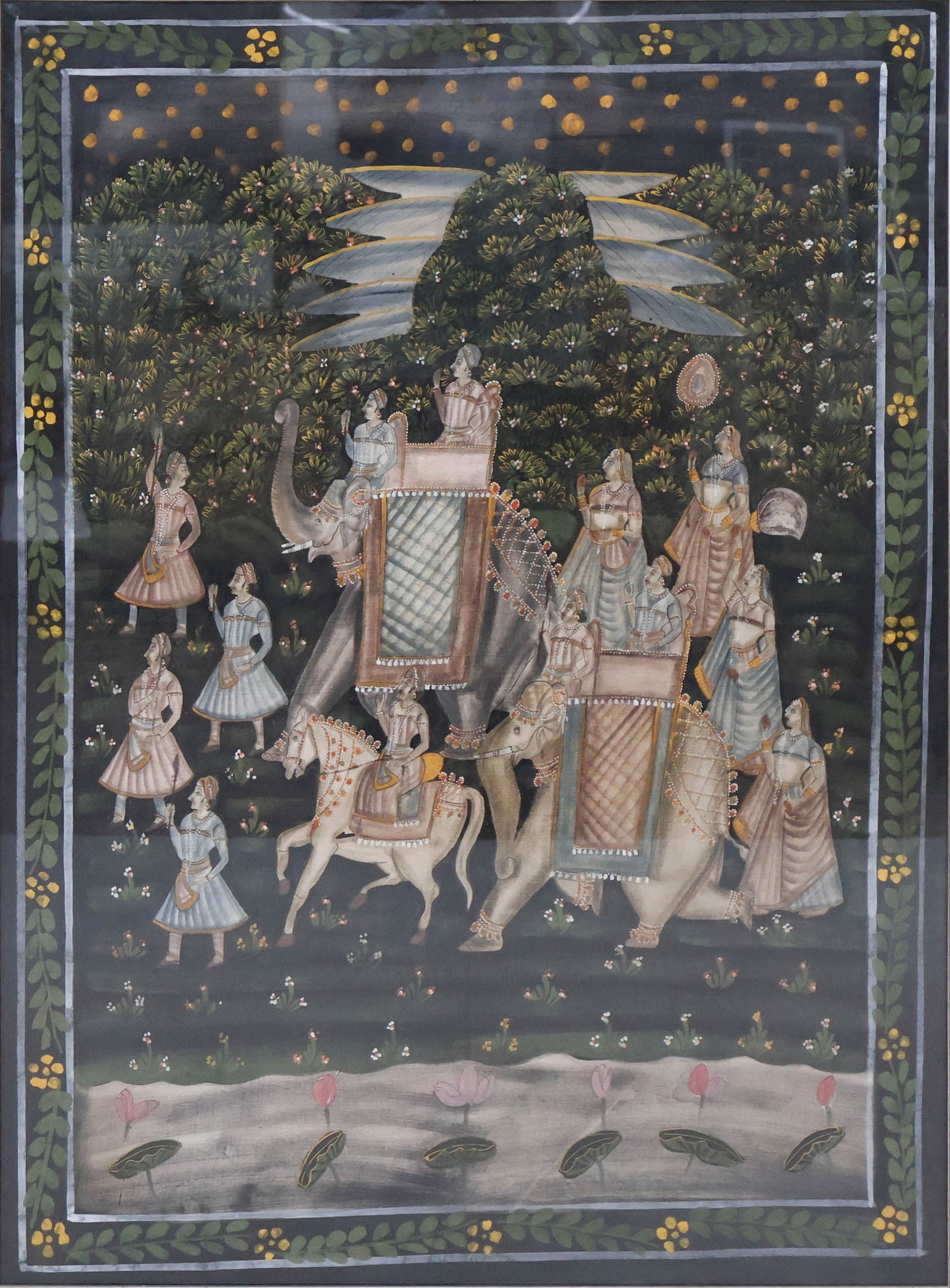 Large Indian Mughal Painting on Silk of a Procession: Large Indian Mughal Painting on Silk of a Procession Depicting, figures on elephants and horses. Sight: 42 3/4 x 31 1/2 in. (108.6 x 80 cm.), Frame: 45 x 34 in. (114.3 x 86.4 cm.)