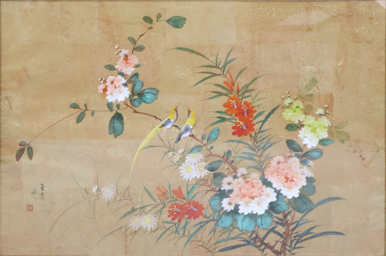 Contemporary Chinese Painting of Birds and Flowers: Contemporary Chinese Painting of Birds and Flowers Watercolor on paper, signed l.l. Sight: 23 1/2 x 35 1/2 in. (59.7 x 90.2 cm.), Frame: 27 3/4 x 40 in. (70.5 x 101.6 cm.)