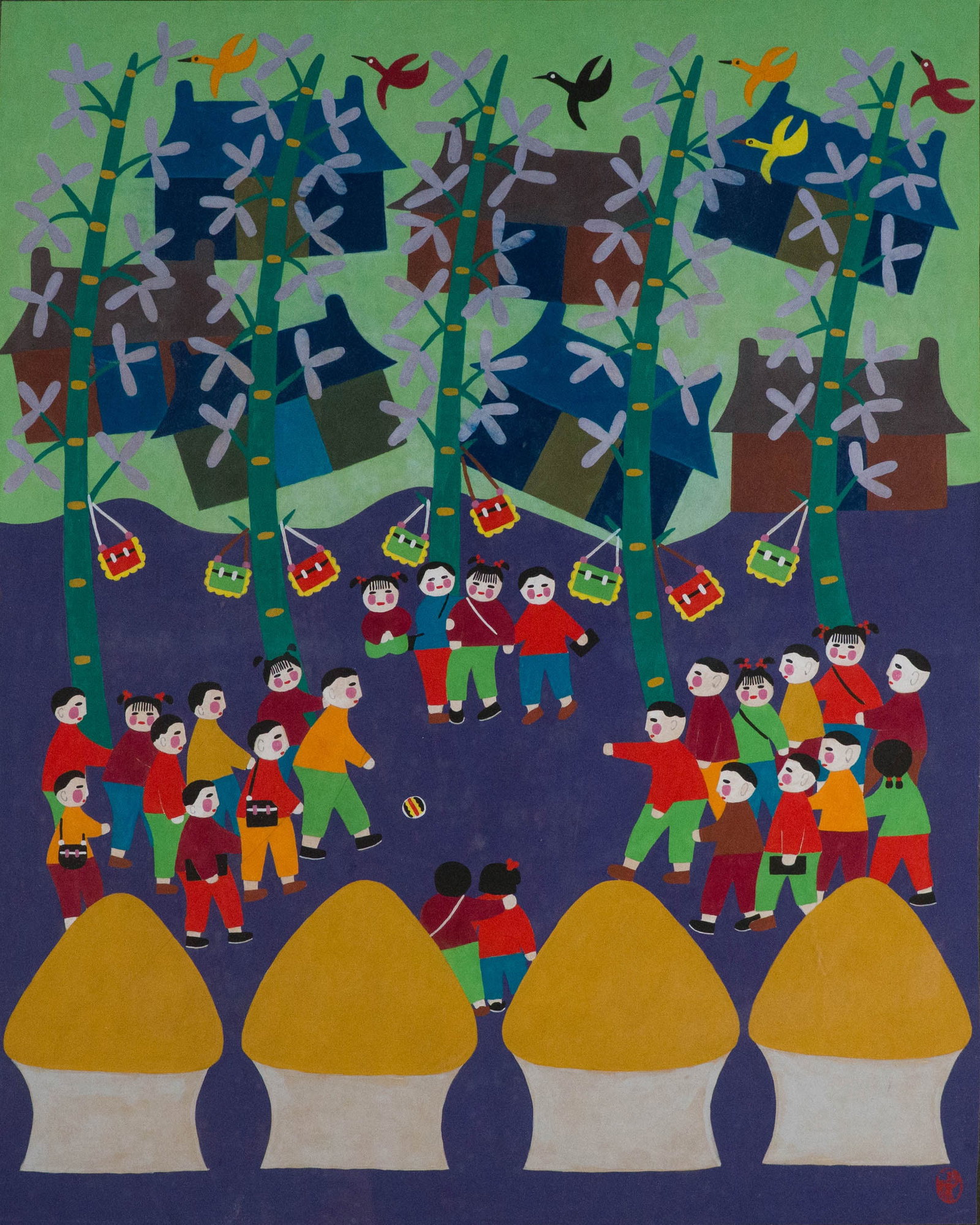 Chinese Folk Art Jishan Peasant Painting: Chinese Folk Art Jishan Peasant Painting Depicting children playing a game. Sight: 25 3/4 x 20 3/4 in. (65.4 x 52.7 cm.), Frame: 32 1/2 x 27 1/2 in. (82.6 x 69.9 cm.)