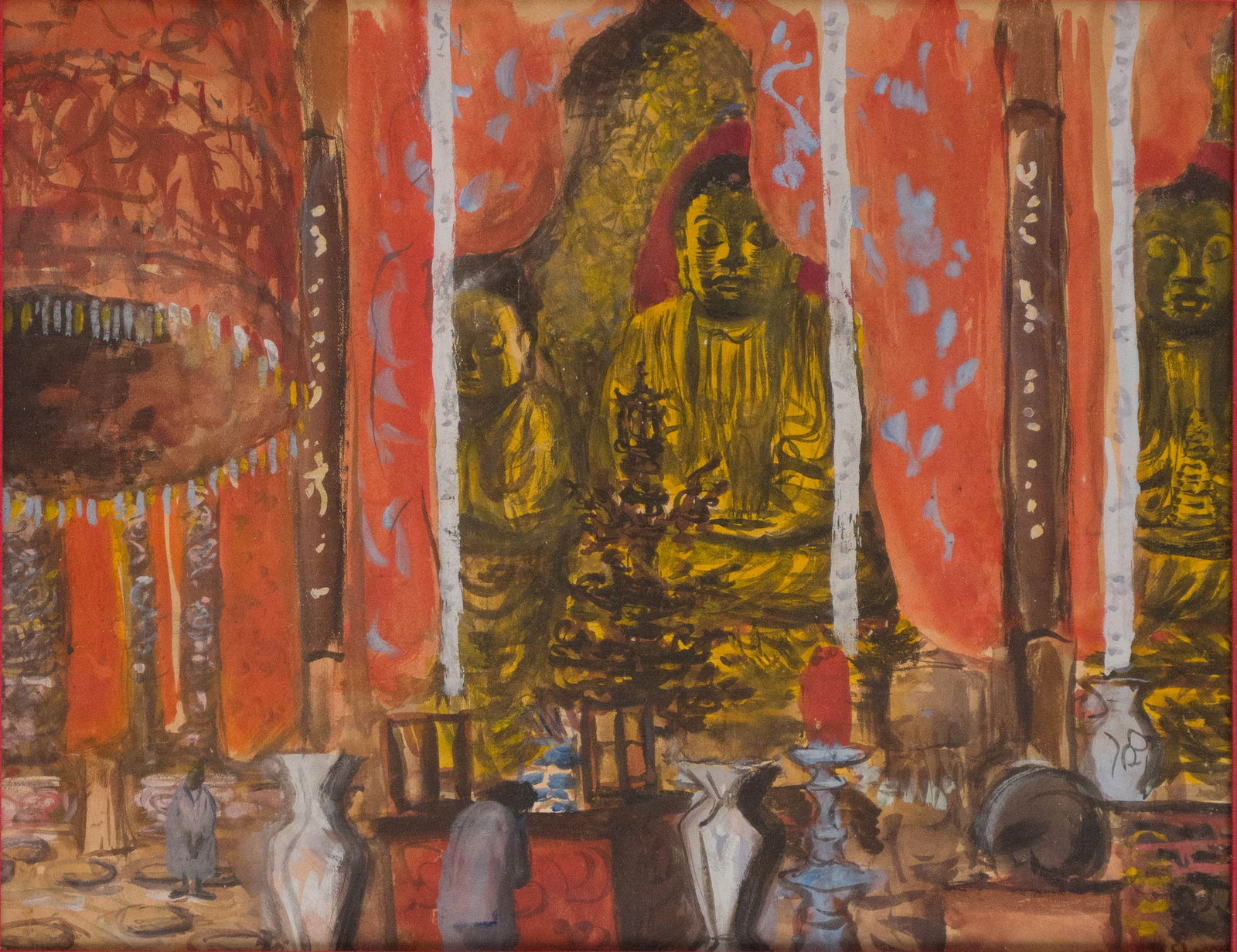 Gouache of a Buddhist Temple Interior (1 of 6)