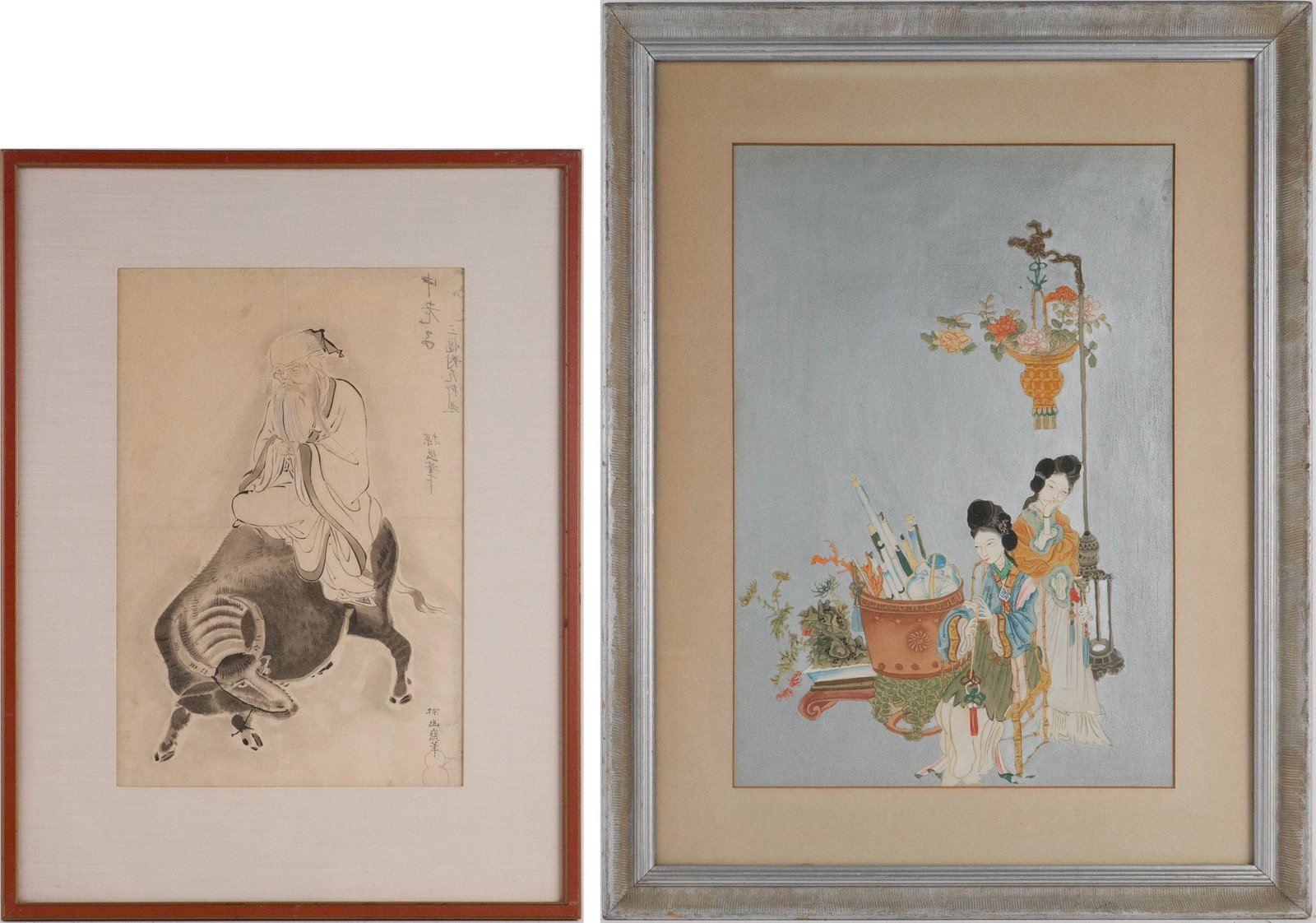 Woodblock Print of Laozi Riding a Water Buffalo: Woodblock Print of Laozi Riding a Water Buffalo Together with a painting of two Chinese women. Sights: 15 1/4"h x 10"w and 18 3/4"h x 12 3/4"w, Frames: 22 1/2" x 17" and 26 3/4" x 20 1/2"w