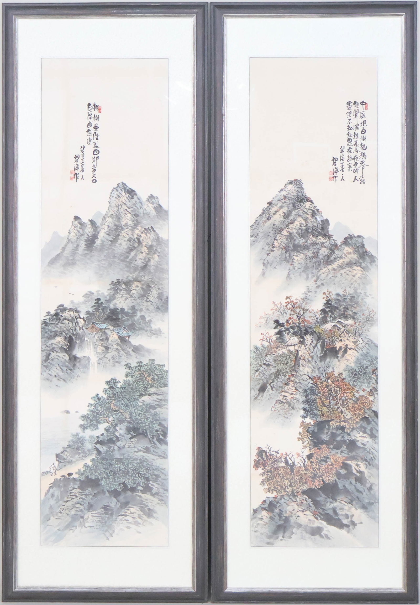 Two Chinese Framed Scrolls: Two Chinese Framed Scrolls Watercolor and ink, depicting mountainous landscapes. Sight: 58 1/2 x 18 1/4 in. (148.6 x 46.4 cm.), Frame: 62 x 21 3/4 in. (157.5 x 55.2 cm.)
