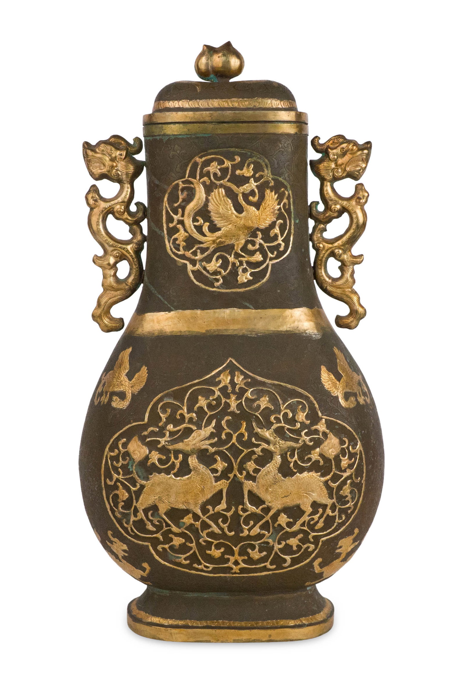 Chinese Parcel Gilt Bronze Vessel and Cover: Chinese Parcel Gilt Bronze Vessel and Cover Hu, with dragon handles flanking the neck. Provenance: Capsule Auctions, Spring Asian Art, April 14, 2022, lot 136 17 1/2 x 9 x 5 1/2 in. (44.5 x 22.9 x 14