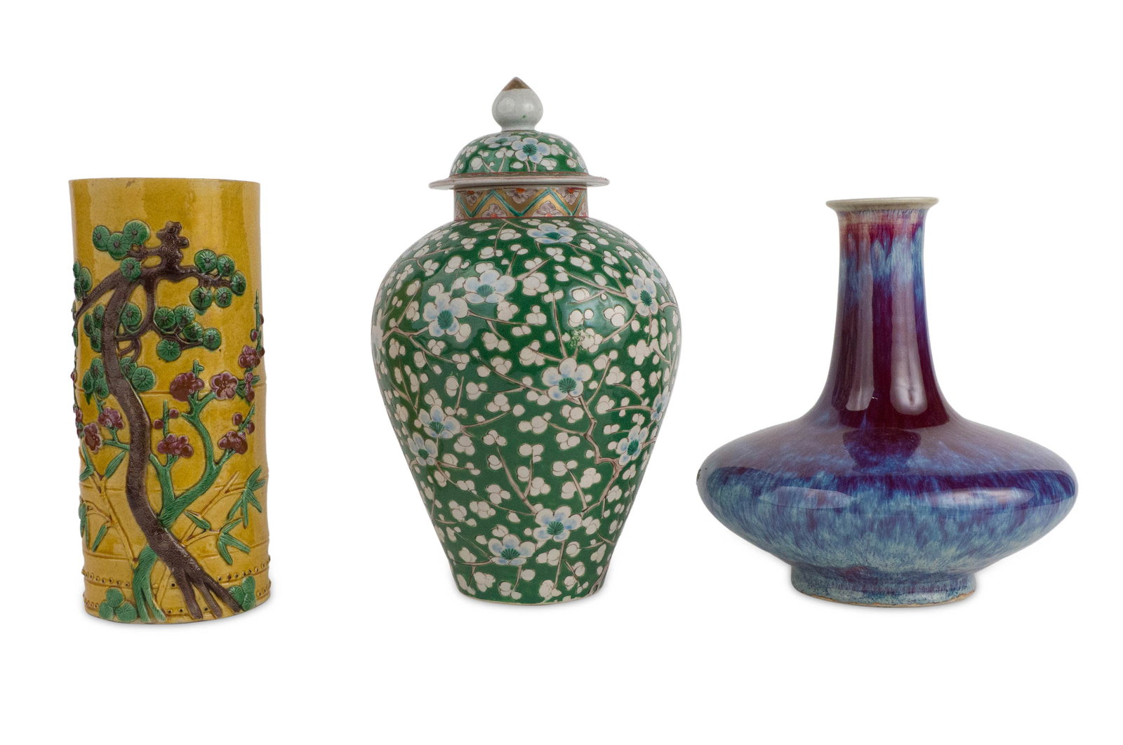 Chinese Flambe Glazed Vase: Chinese Flambe Glazed Vase Together with a Chinese famille verte ginger jar and a Chinese yellow glazed pottery brush pot. 3 pieces Flambe Vase: 10 1/2 x 10 in. (26.7 x 25.4 cm.)