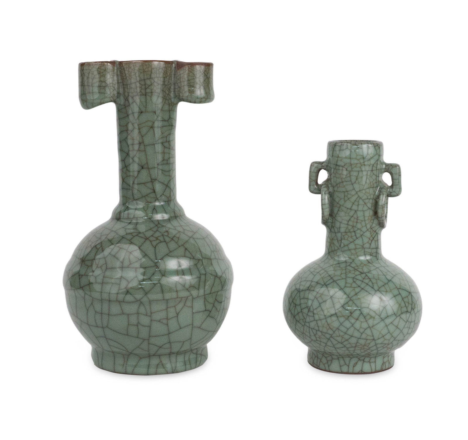 Two Chinese Celadon Crackle Glazed Ge Vases: Two Chinese Celadon Crackle Glazed Ge Vases One marked underside. 7 x 4 1/2 in. (17.8 x 11.4 cm.), and 9 1/4 x 5 in. (23.5 x 12.7 cm.)